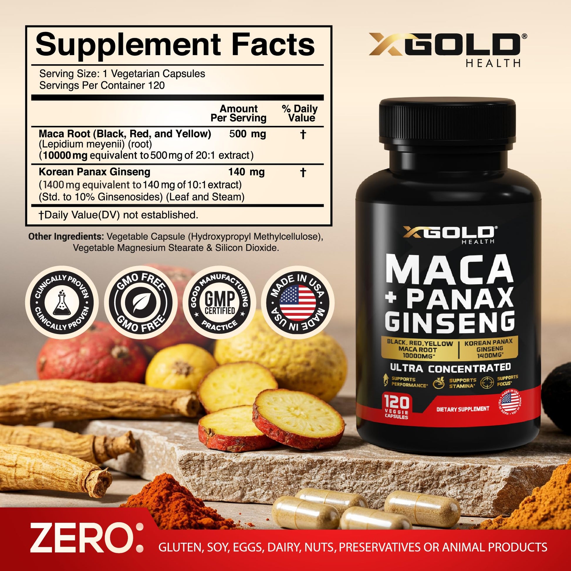 Maca Root Capsules 10,000mg + Korean Panax Ginseng 1,400mg - 20x Concentrated Extract Black + Red + Yellow Maca Root, 10x Concentrated Extract Panax Ginseng Capsules - Ultra Potent & Highly Purified - Medaid International