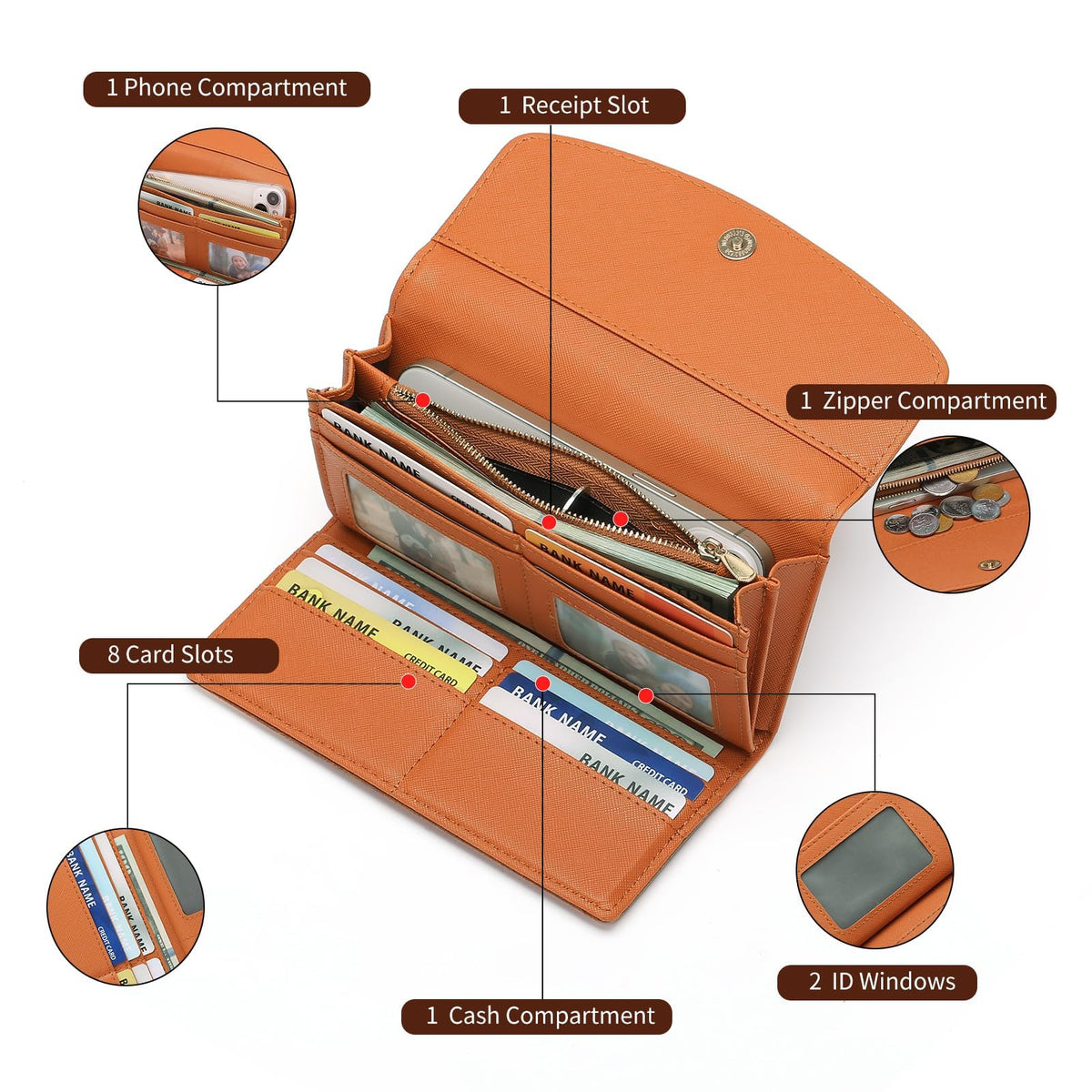 TERRIFI Leather Women's RFID Blocking Wallet - Long Clutch Bag with Multiple Card Slots, Large Capacity for Phone, Zipper Coin Pocket - Brown