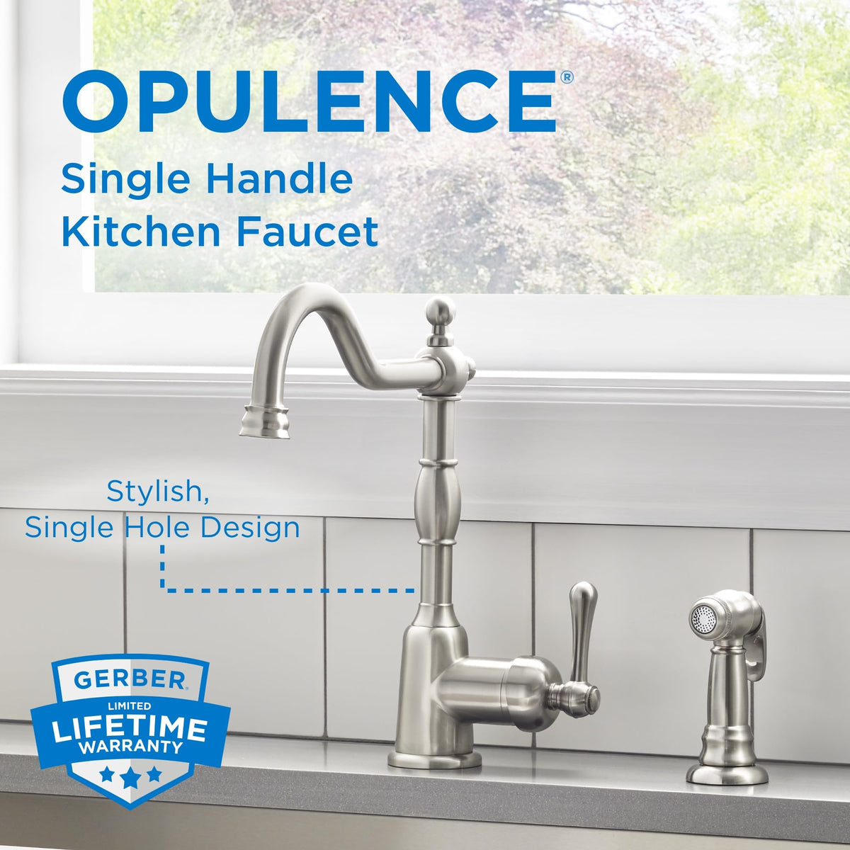 GERBER Danze D401157SS Opulence Single Handle Kitchen Faucet with Side Spray, Stainless Steel