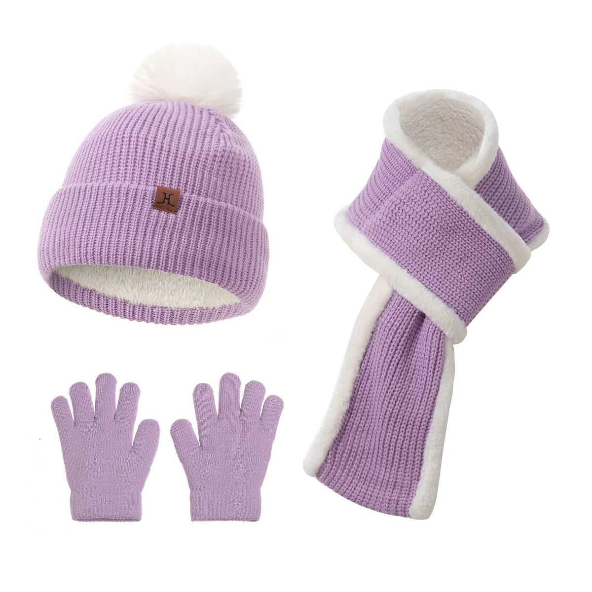 KASTWAVE Kids Beanie Hat Scarf Set, Kids Winter Hat Scarf Gloves Set, 3 in 1 Thermal Knit Hat Scarf Gloves Set with Double Layer Fleece Lining, for Toddler Boys Girls for 1-6 Years Old Kids (Purple)