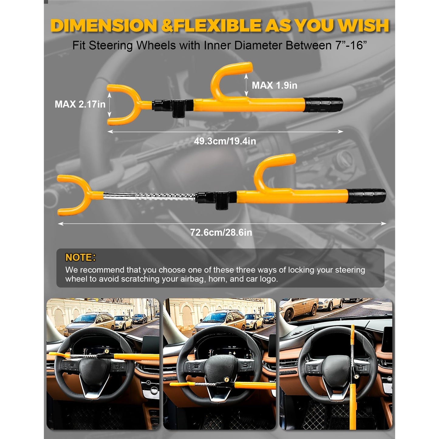 Tevlaphee Steering Wheel Lock - Anti Theft Device with Adjustable Car Wheel Lock, 3 Keys (Yellow) - Medaid International