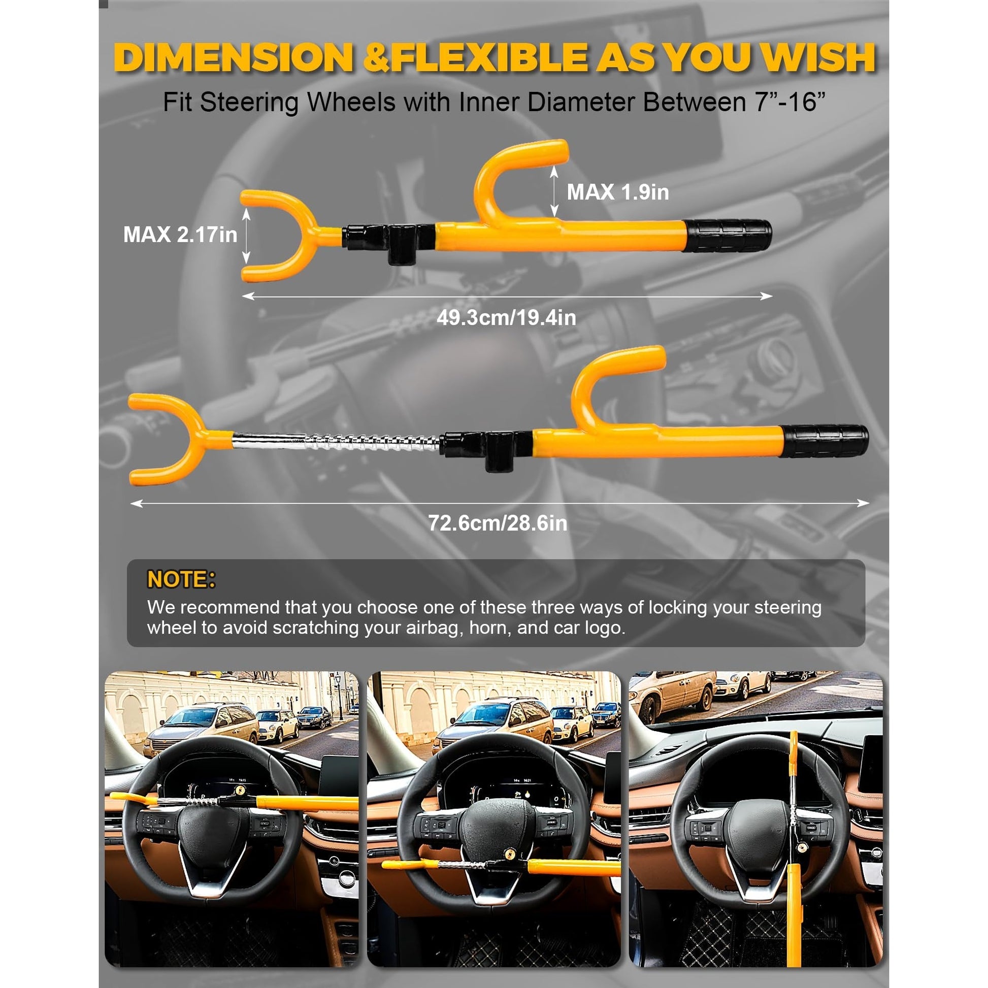 Tevlaphee Steering Wheel Lock - Anti Theft Device with Adjustable Car Wheel Lock, 3 Keys (Yellow) - Medaid International