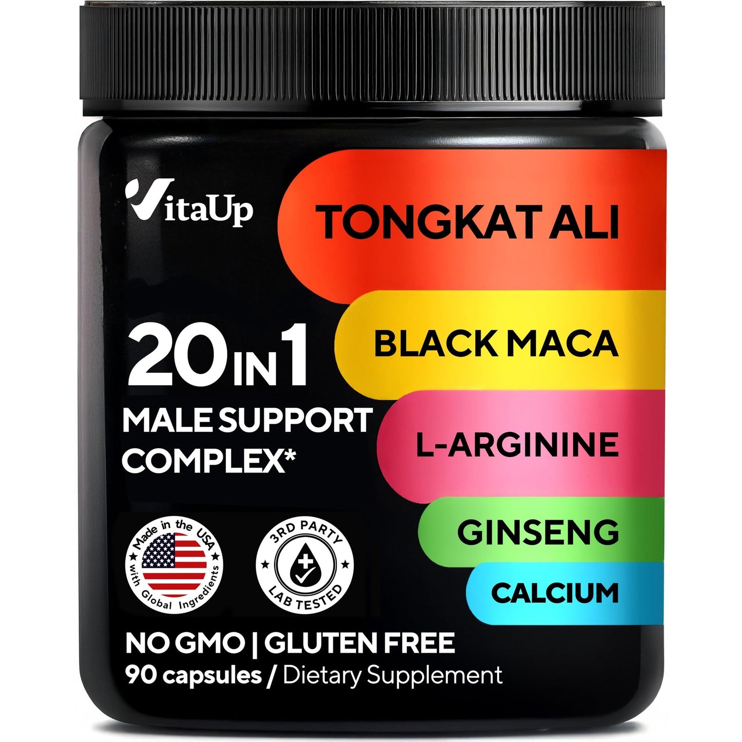 VitaUp Tongkat Ali for Men 20 in 1 with Astragalus - USA Made Mens Supplement Complex with Black Maca Root, L-Arginine, Ginseng, Calcium, Astragalus for Normal Strength & Endurance Support - 90 Caps - Medaid International