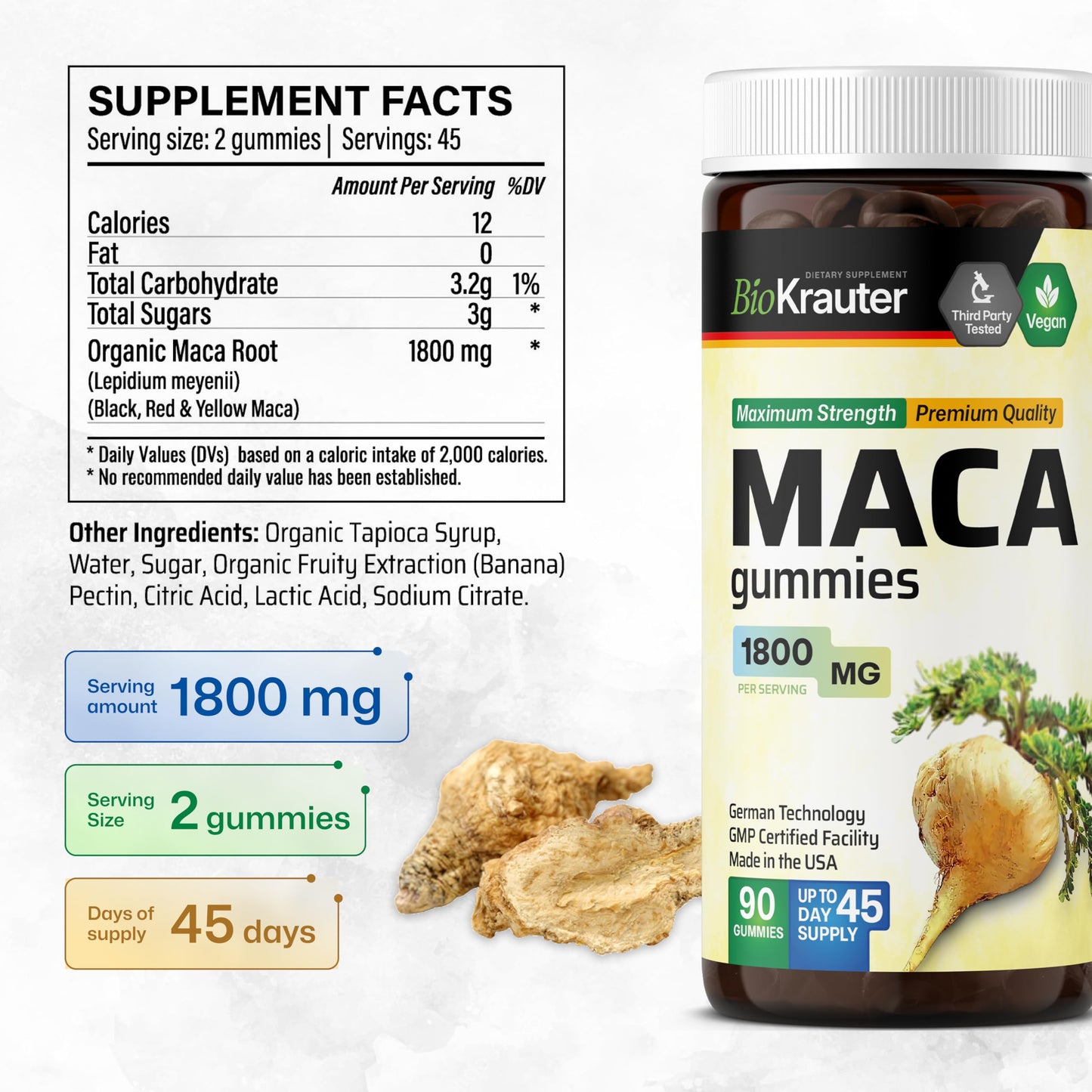 Maca Root Gummies - 1800 mg Strength - 90 Vegan Chews - Natural Support for Women & Men - Peruvian Maca Root Supplement - Banana Flavour Chews - Medaid International
