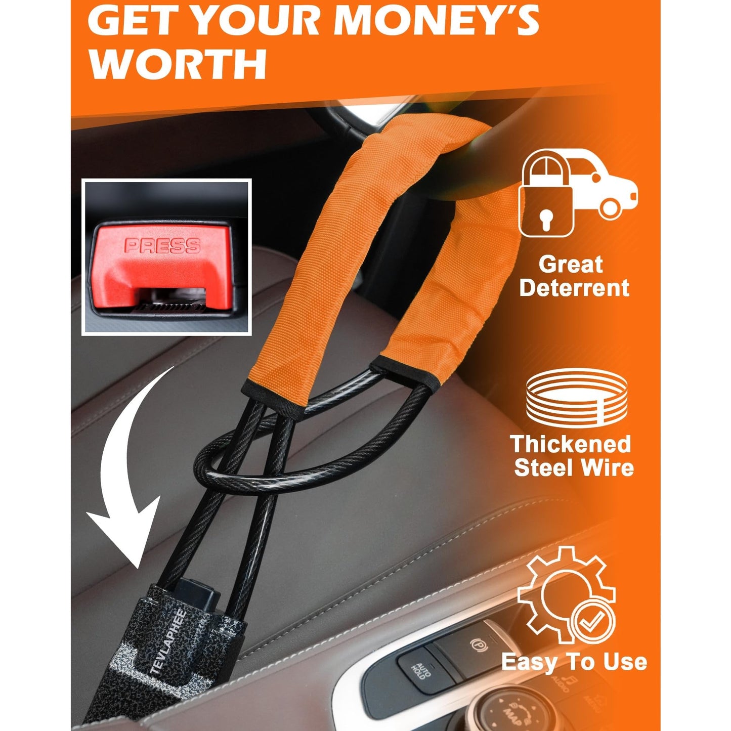Tevlaphee Steering Wheel Lock Seat Belt Lock Universal Anti Theft Car Device Car Lock Car Theft Prevention with 3 Keys for Car Security Fit Most Vehicles Truck SUV Van (Orange) - Medaid International