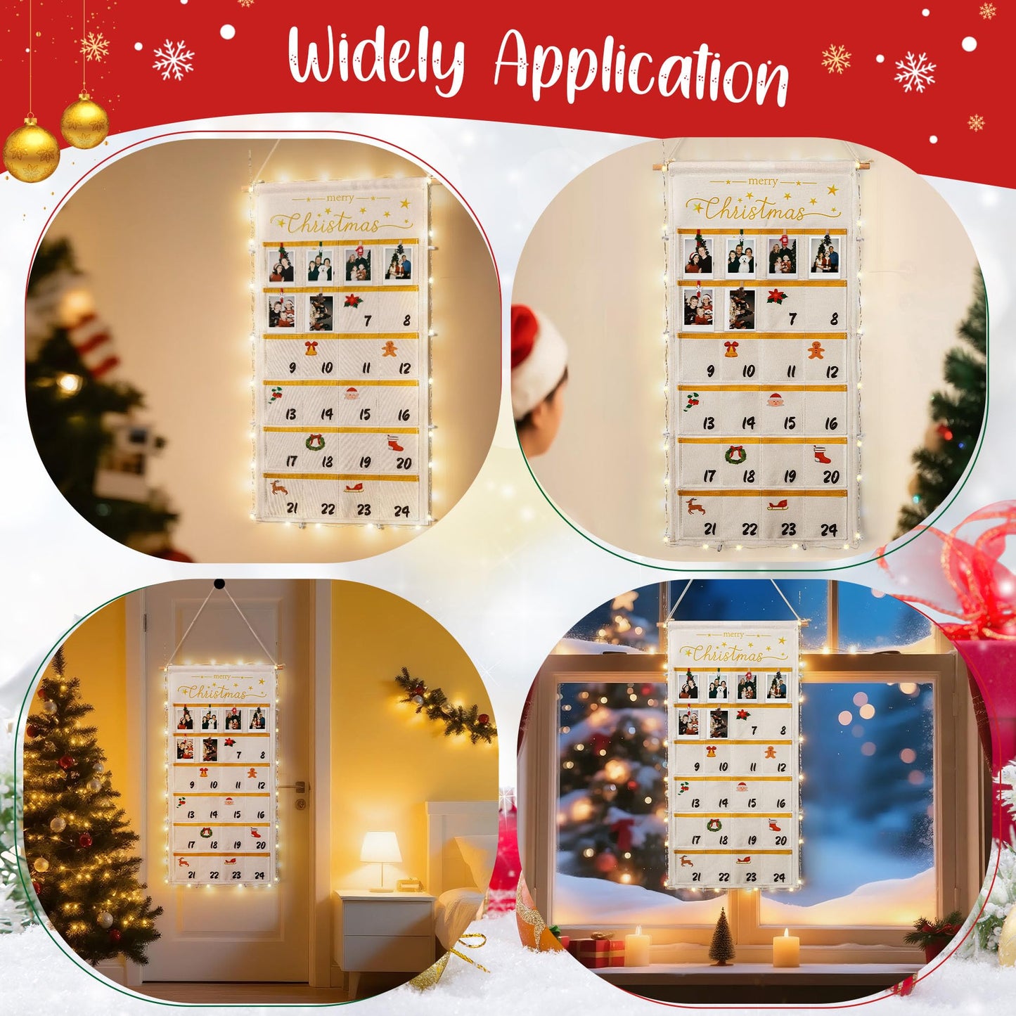 ElectricWise Christmas Picture Countdown Board, Photo Advent Calendar with Wood Clips, Photo Display Collage Board with Pockets, Reusable Festival Memory Countdown (32.3 In) - Medaid International