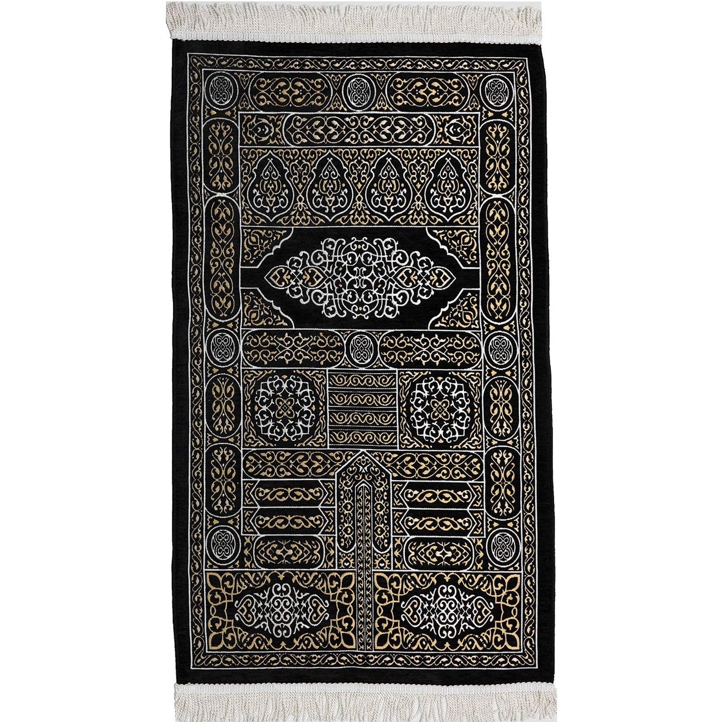 Modefa Turkish Islamic Prayer Mat Muslim Prayer Rug Islam Men Women Chenille with Praying Cap, Beads | Full Kaba Door Swirl Intricate Design (Black) - Medaid International