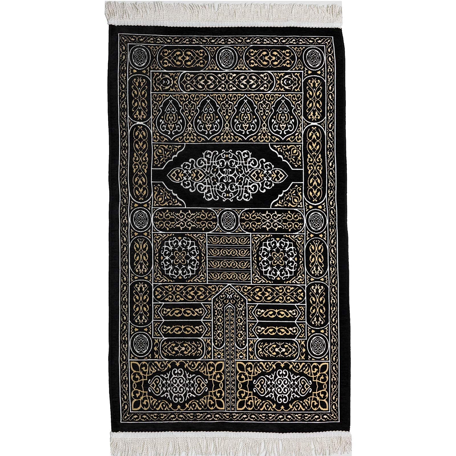 Modefa Turkish Islamic Prayer Mat Muslim Prayer Rug Islam Men Women Chenille with Praying Cap, Beads | Full Kaba Door Swirl Intricate Design (Black) - Medaid International