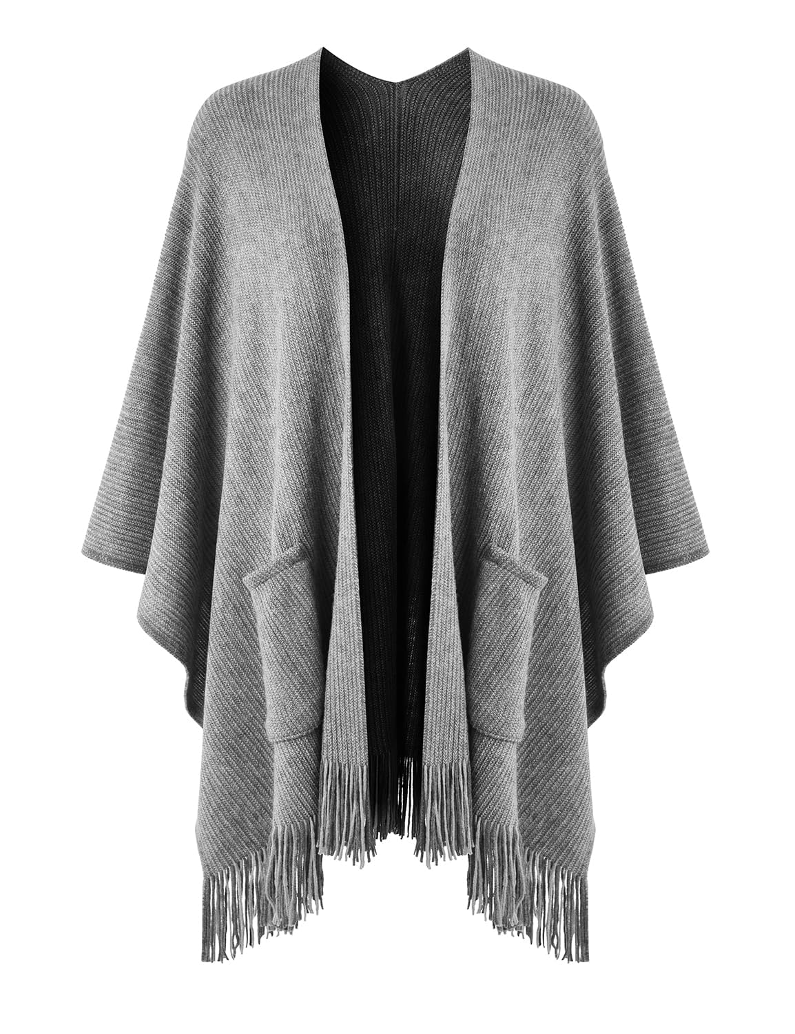 KASTWAVE Women's Open Front Poncho Cape with Pockets Soft Knit Fringe Shawl Wrap, Grey