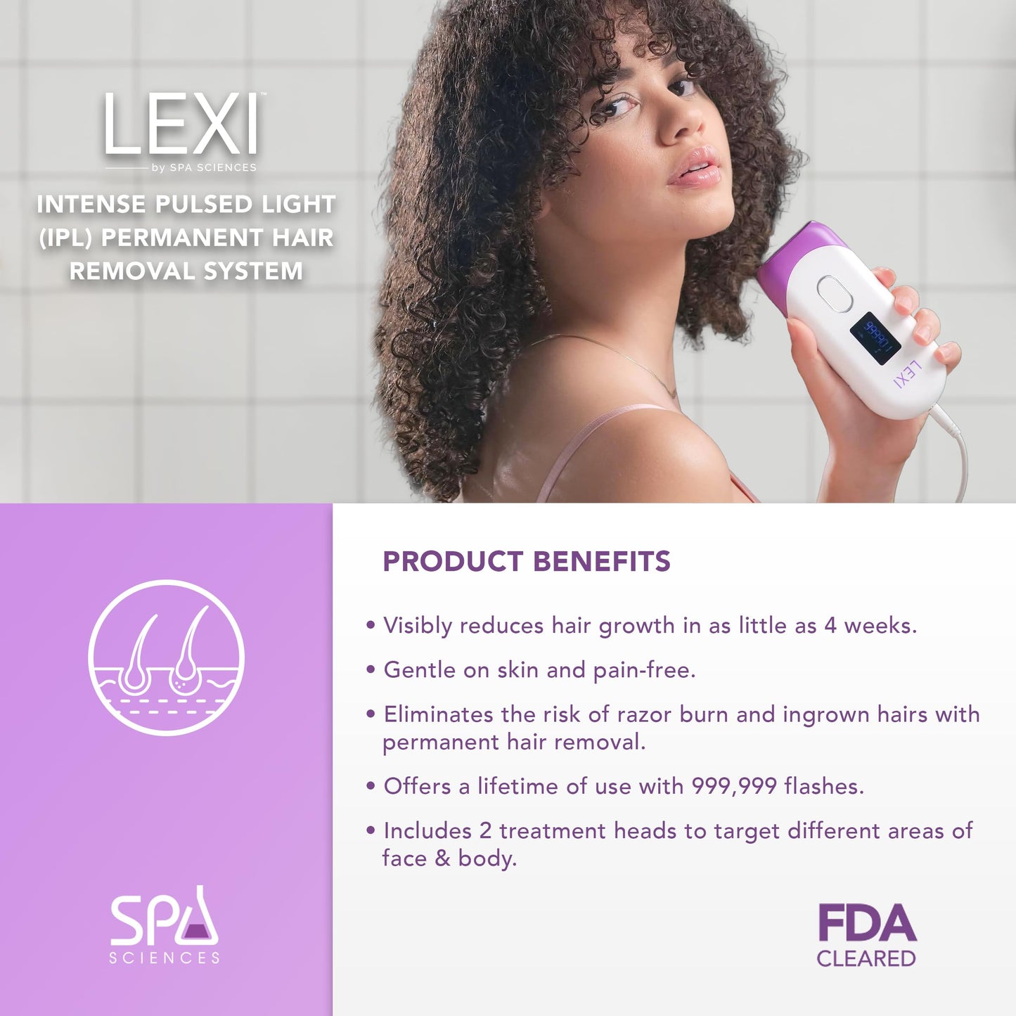 Spa Sciences - LEXI - Painless Permanent IPL Hair Removal System - FDA Cleared with 999,999 flashes, Auto Flash, and Skin Sensor - Medaid International
