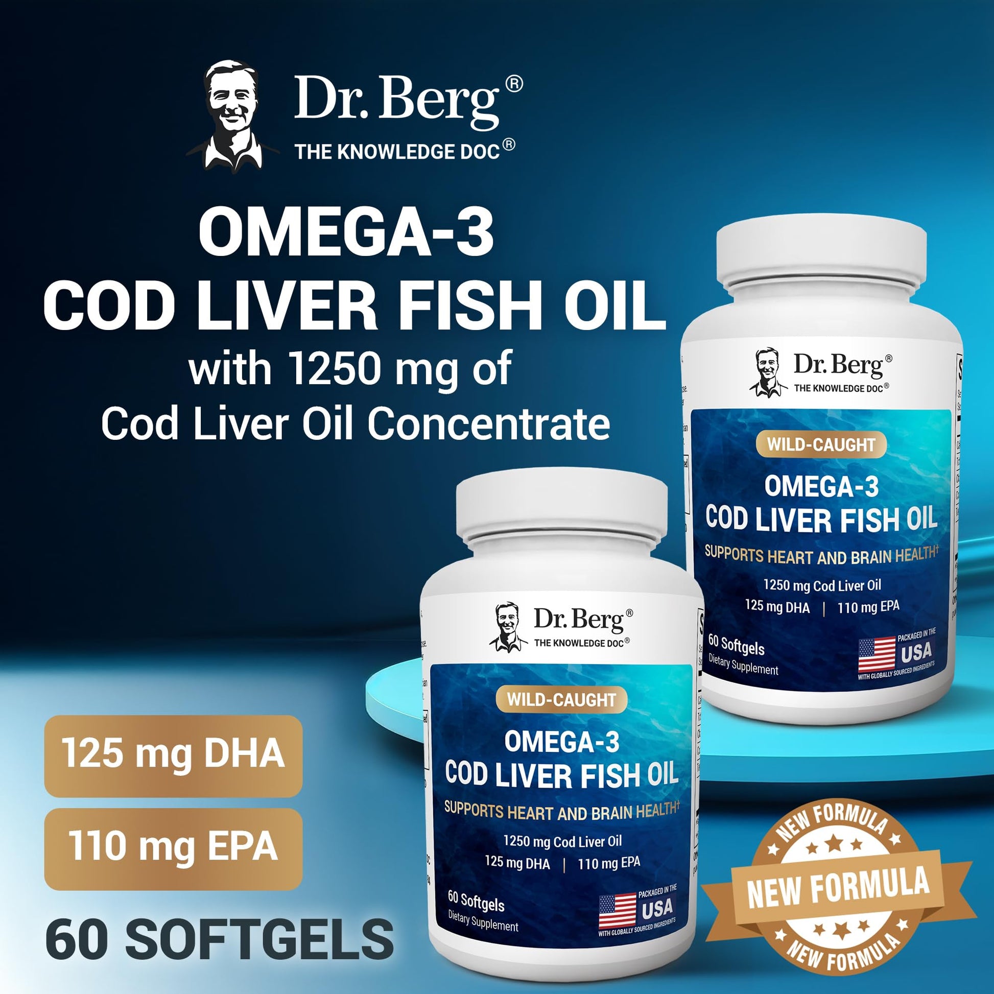 Dr. Berg Maximum Strength Omega-3 Cod Liver Fish Oil (1250 mg) from Wild-Caught Cod - Lemon-Flavored Omega-3 Fish Oil for Women & Men - EPA DHA Supplement – 60 Softgels - Medaid International