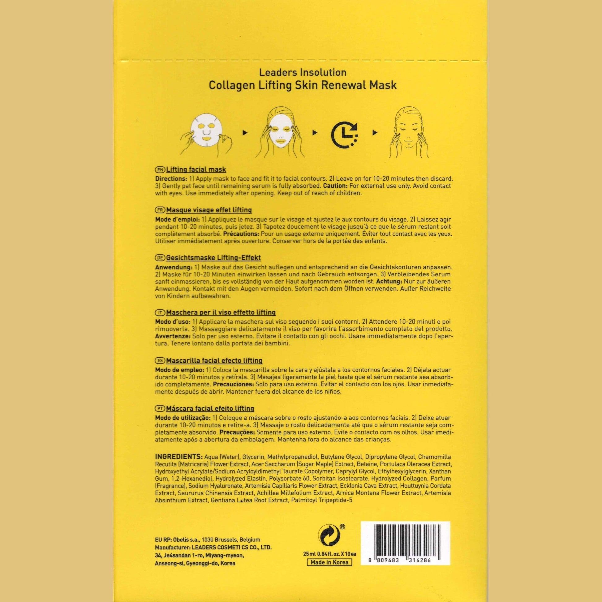 Leaders Insolution Collagen Lifting Skin Renewal Mask | Marine Collagen for Firmness and Elasticity Anti-Wrinkle, Sculpting Facial Sheet | Hydrating Serum for Smooth Skin (10 Sheets) - Medaid International
