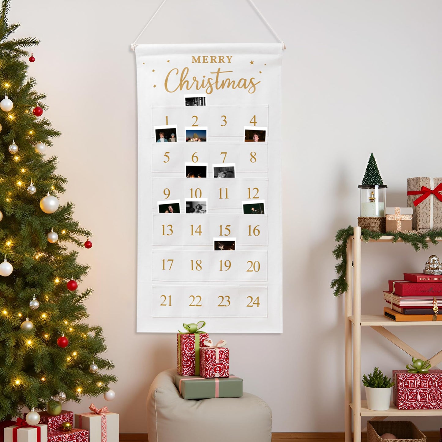 Christmas Picture Countdown Board Photo Advent Calendar with Pockets Reusable Photo-Display Collage Board for Festival Memory Countdown - Medaid International