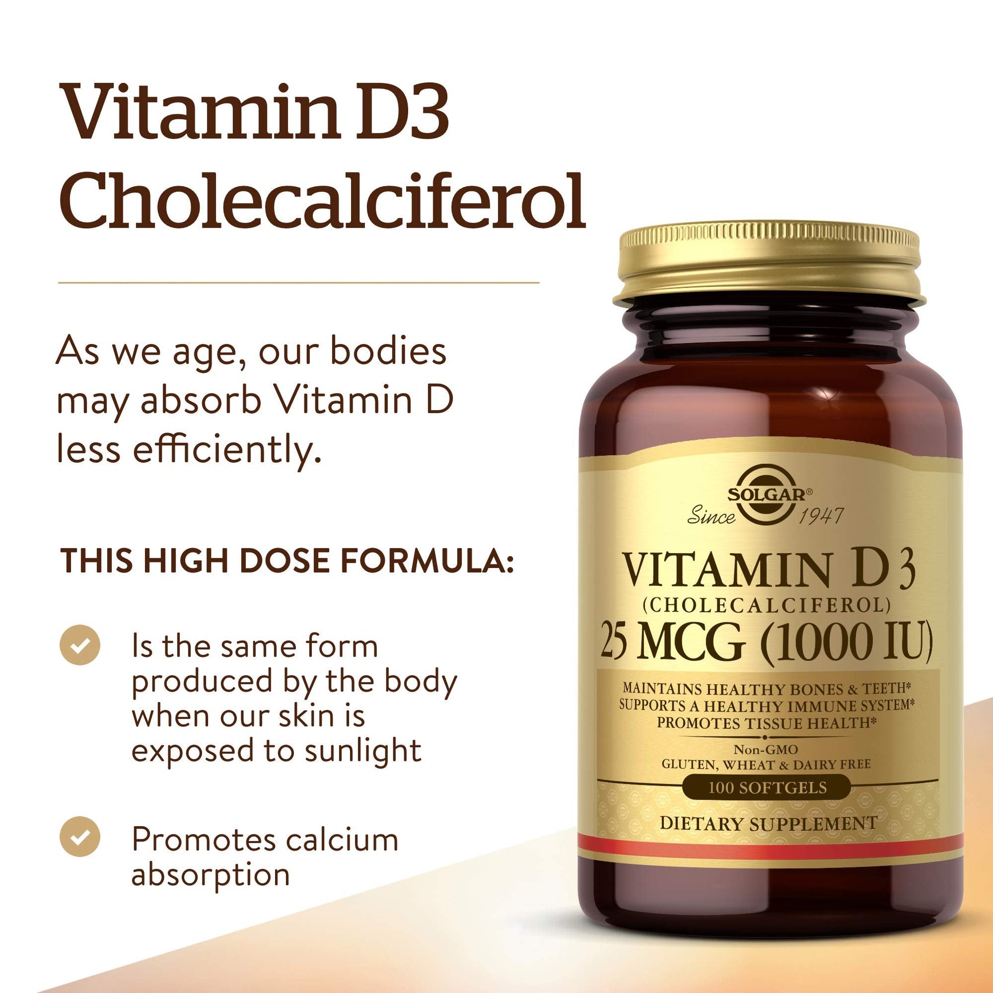 Solgar Vitamin D3 (Cholecalciferol) 25 mcg (1000 IU), 100 Softgels - Helps Maintain Healthy Bones & Teeth - Immune System Support - Non-GMO, Gluten Free, Dairy Free - 100 Servings - Medaid International