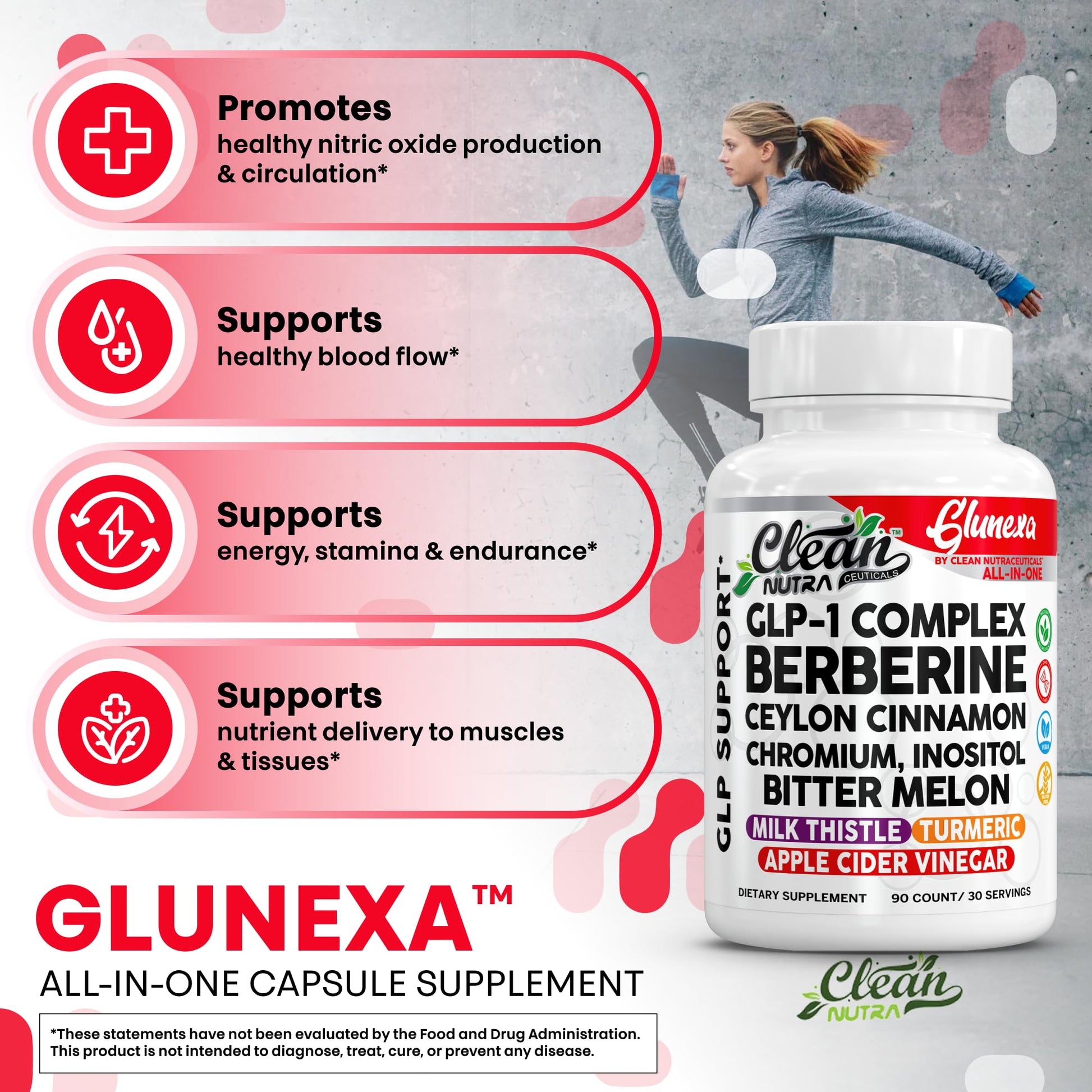 Clean Nutra Glunexa GLP-1 Complex with Berberine, Ceylon Cinnamon, Chromium, Inositol, and Bitter Melon | Premium Herbal and Mineral Blend | 90 Count Capsules - Medaid International