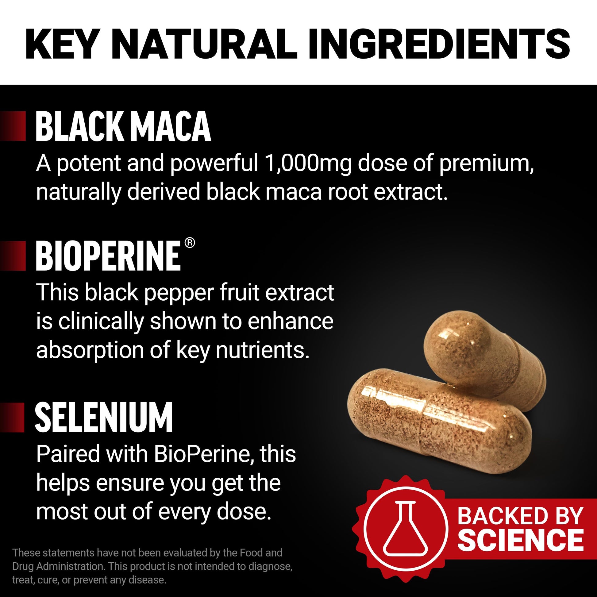 Force Factor Black Maca Root Vitality Supplement for Men with Superior Absorption and Power, Natural Maca Negra Extract, Fundamentals Series, 1000mg, 60 Capsules - Medaid International