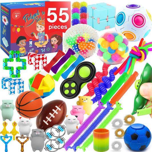 Sensory Toys Set 55 Pack, Stress Relief Fidget Hand Toys for Adults and Kids, Sensory Fidget and Squeeze Widget for Relaxing Therapy