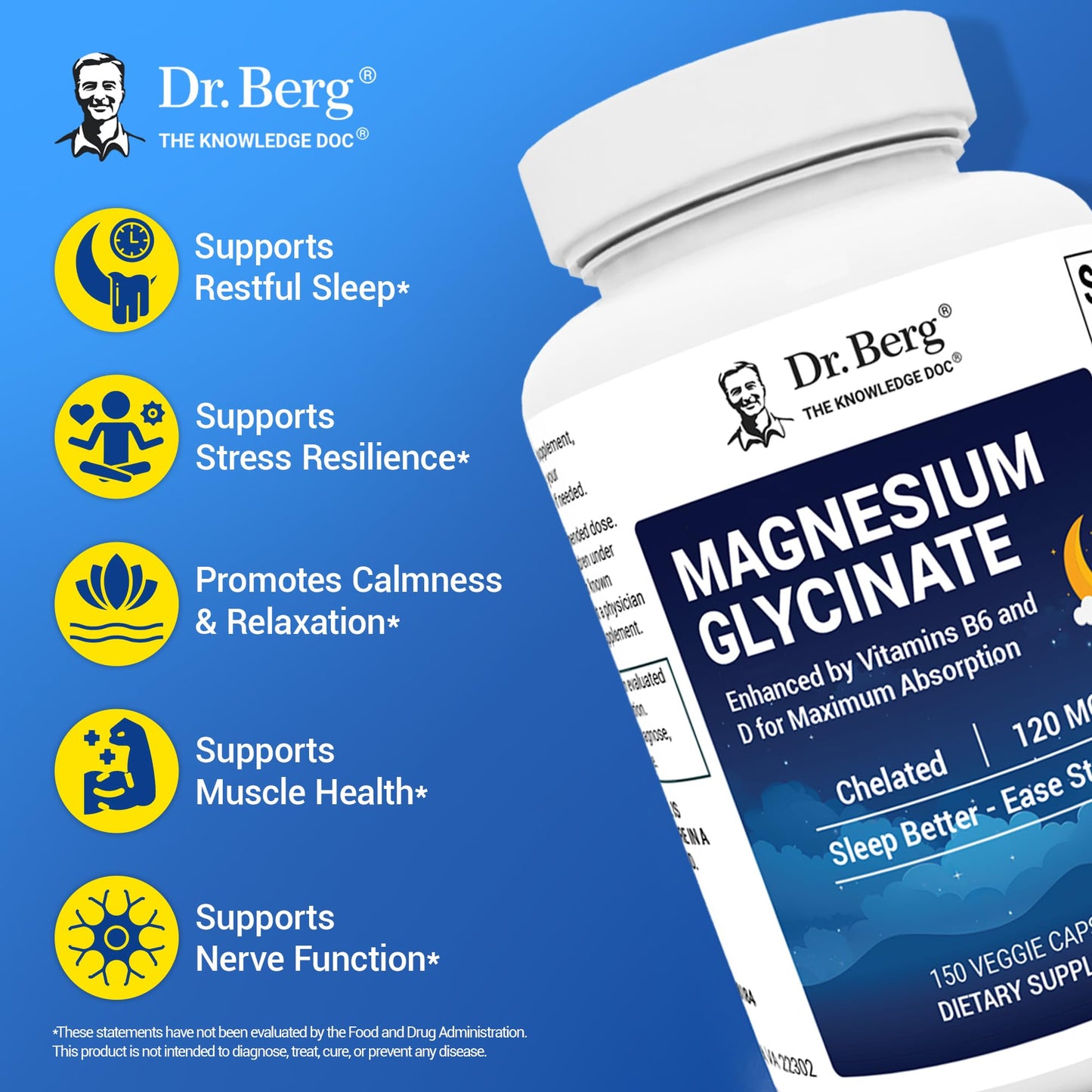 Dr. Berg Maximum Strength 4-in-1 Chelated Magnesium Glycinate with Clean, Potent & Pure Ingredients | 4X Lab-Tested & Verified | USA Formulated Magnesium Supplement Capsules | 150 Capsules - Medaid International