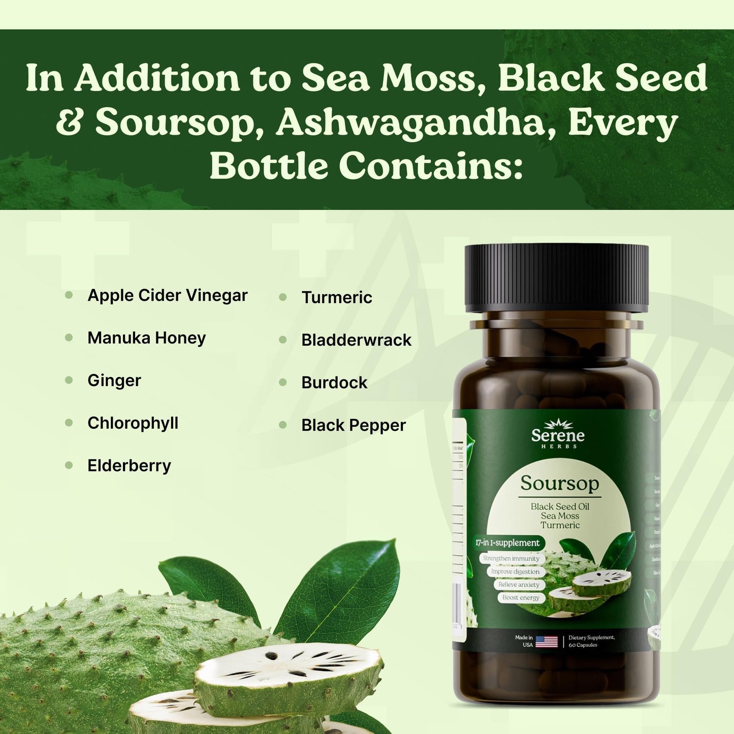Serene Herbs 17-in-1 Sea Moss Capsules with Irish Seamoss, Black Seed Oil, Ashwagandha, Turmeric & Bladderwrack - Advanced Immunity, Energy & Gut Support - Natural Herbal Supplement - 60 Count - Medaid International