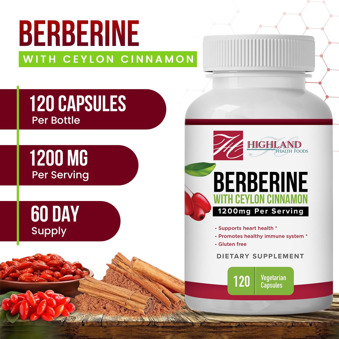 Highland Health Foods Berberine with Ceylon Cinnamon 1200 mg - Berberine HCL and Cinnamon for Blood Sugar and Metabolic Support - Non-GMO - Natural Support for Healthy Lifestyle - 120 Veg Capsules - Medaid International