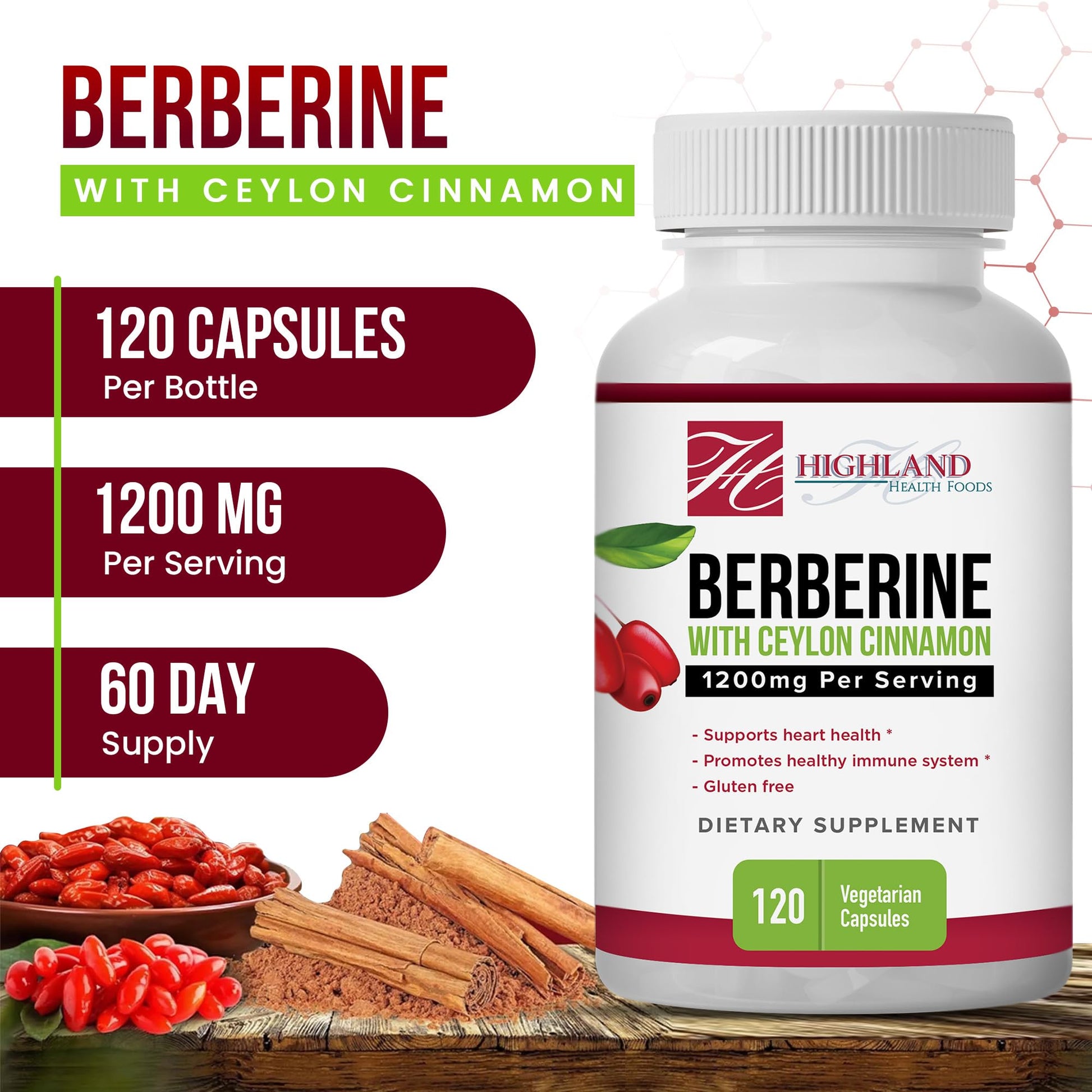 Highland Health Foods Berberine with Ceylon Cinnamon 1200 mg - Berberine HCL and Cinnamon for Blood Sugar and Metabolic Support - Non-GMO - Natural Support for Healthy Lifestyle - 120 Veg Capsules - Medaid International