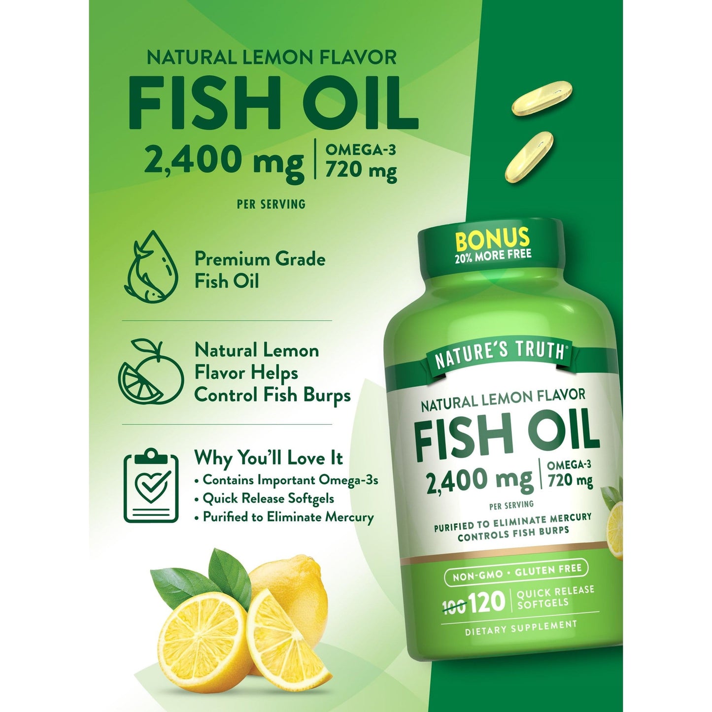 Nature's Truth Fish Oil 2400mg | 120 Quick Release Softgels | 720 mg Omega 3 | Burpless Lemon Flavor Pills | Non-GMO & Gluten Free Supplement - Medaid International