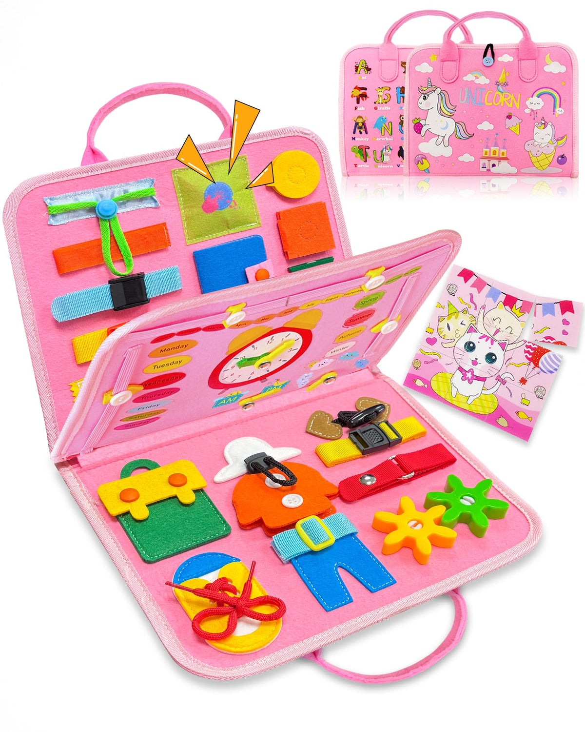 Exorany Busy Board Montessori Toys for 1 2 3 4 Year Old Girls & Boys Gifts, Sensory Toys for Toddlers 1-3, Autism Educational Travel Toys, Preschool Activities for Learning Fine Motor Skills (Pink)