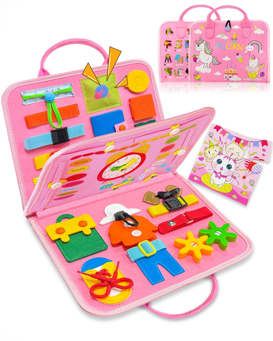 Exorany Busy Board Montessori Toys for 1 2 3 4 Year Old Girls & Boys Gifts, Sensory Toys for Toddlers 1-3, Autism Educational Travel Toys, Preschool Activities for Learning Fine Motor Skills (Pink)