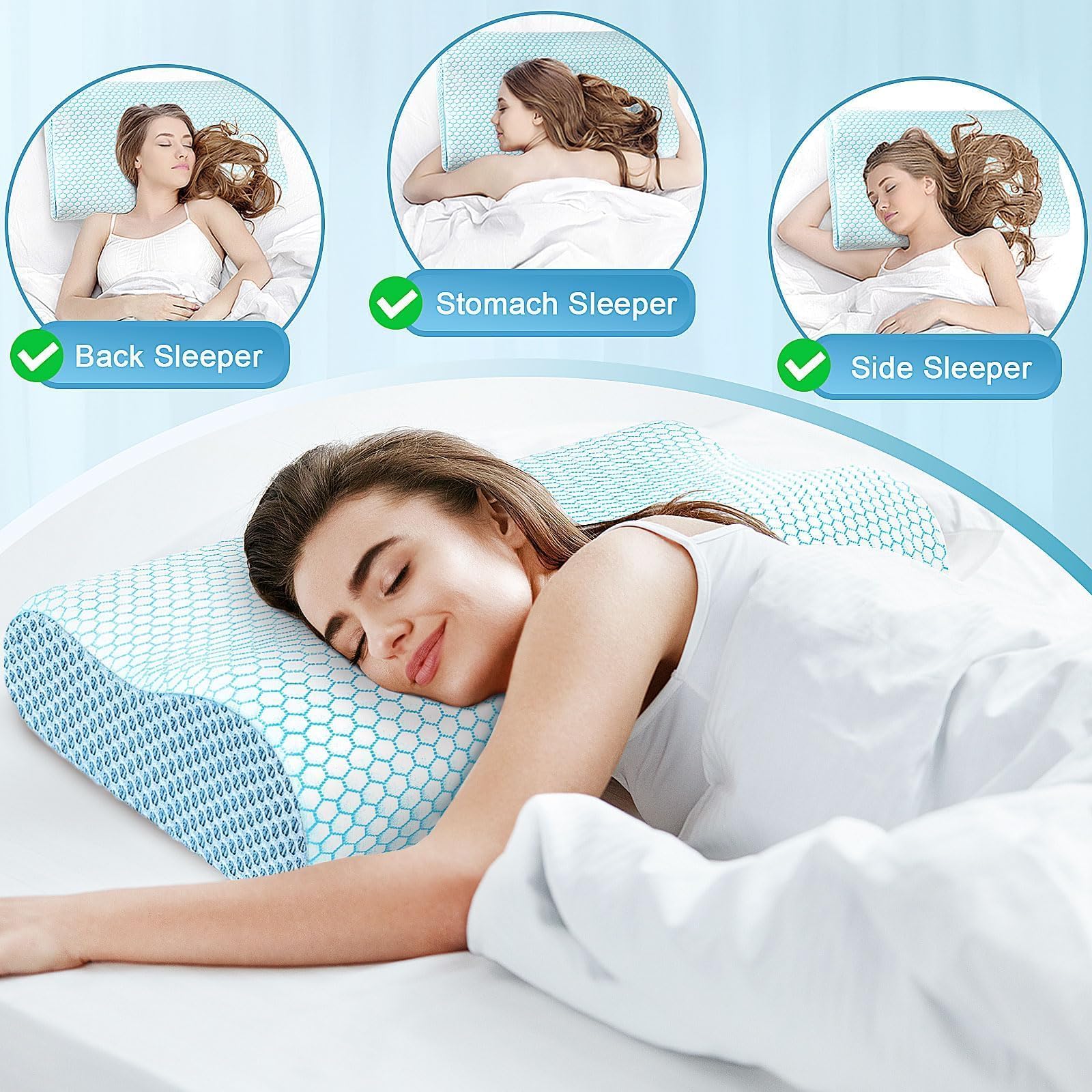 CloudBliss Neck Pillow for Sleeping, Ergonomic Cervical Neck Pillow for Neck Pain Relief, Memory Foam Pillow fit Neck Contour, Bed Pillow for Side Back Stomach Sleepers (Blue, Standard Size) - Medaid International