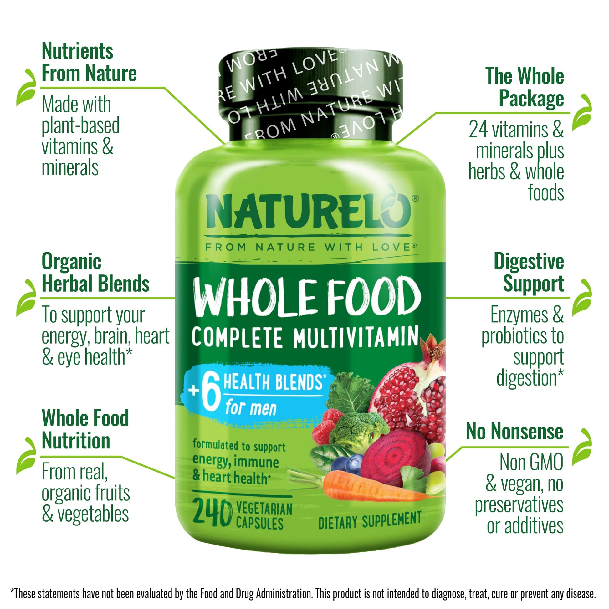 NATURELO Mens Multivitamins - Whole Food Multivitamin for Men with Vitamins, Minerals - 240 Vegetarian Capsules for Energy, Brain, Heart, Eye Health* - Medaid International
