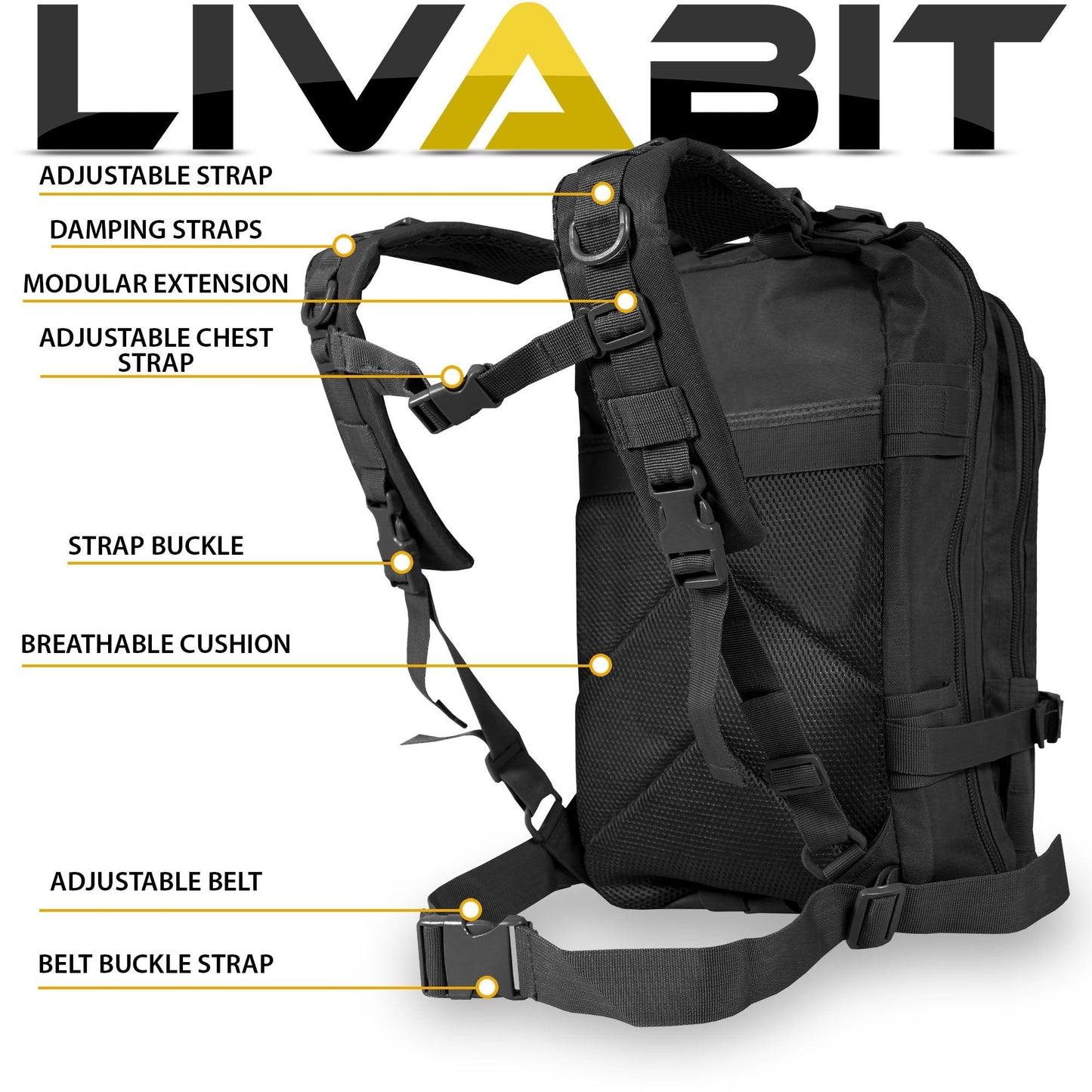 LIVABIT Tactical Emergency EDC 3 Day Earthquake Survivalist Grab and Go Bug Out Kit Bag Backpack Rucksack Molle Nylon Carrier BLACK