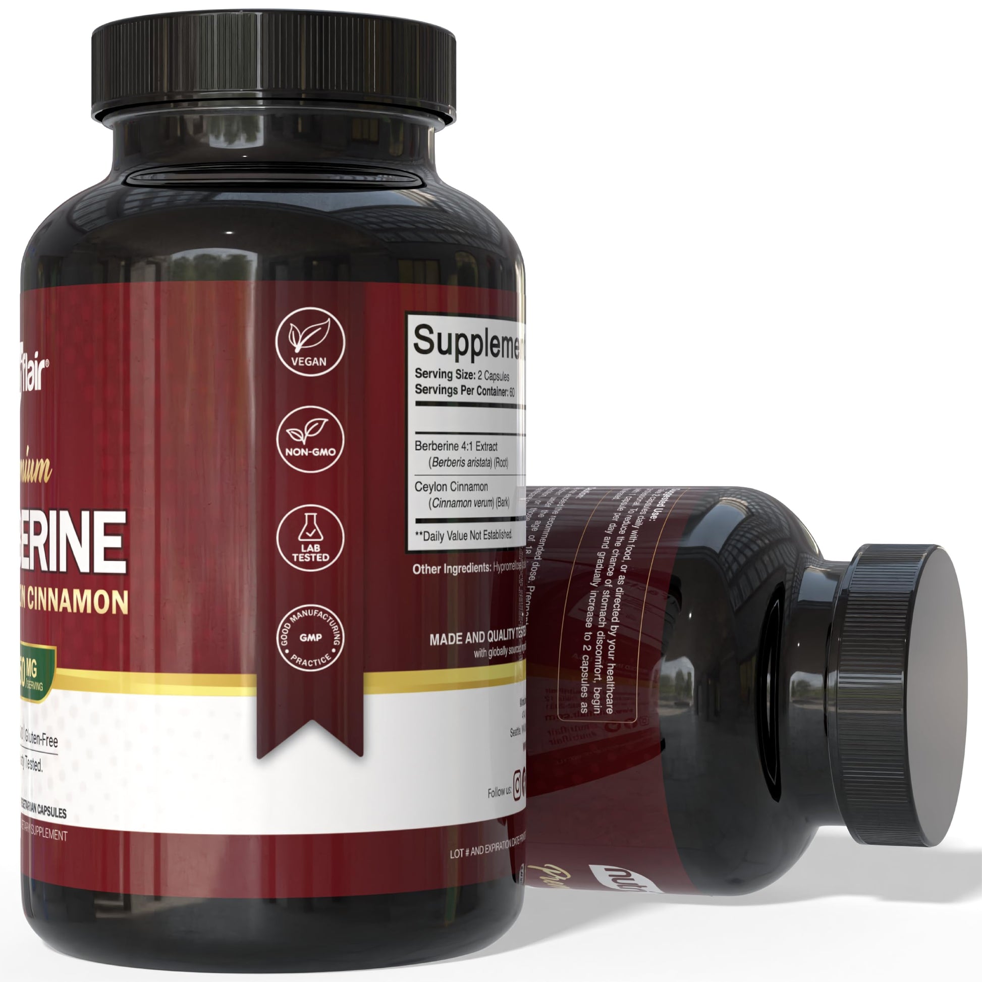 NutriFlair Berberine with Ceylon Cinnamon 1450mg Supplement – 120 Capsules | High Potency Formula with Berberine HCl & Organic Ceylon Cinnamon | Non-GMO, Vegan, Gluten-Free - Medaid International