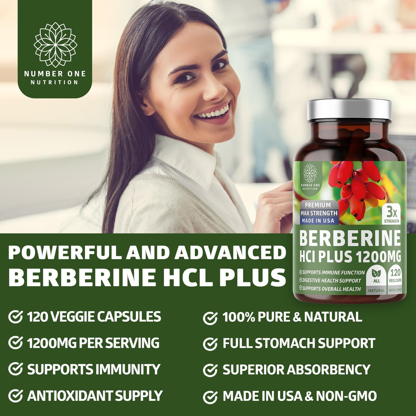 Number One Nutrition N1N Premium Berberine Plus 120 Caps, 1200mg, Natural Supplement Supports Anti-Aging, Cellular Health, Energy and Digestion - Medaid International