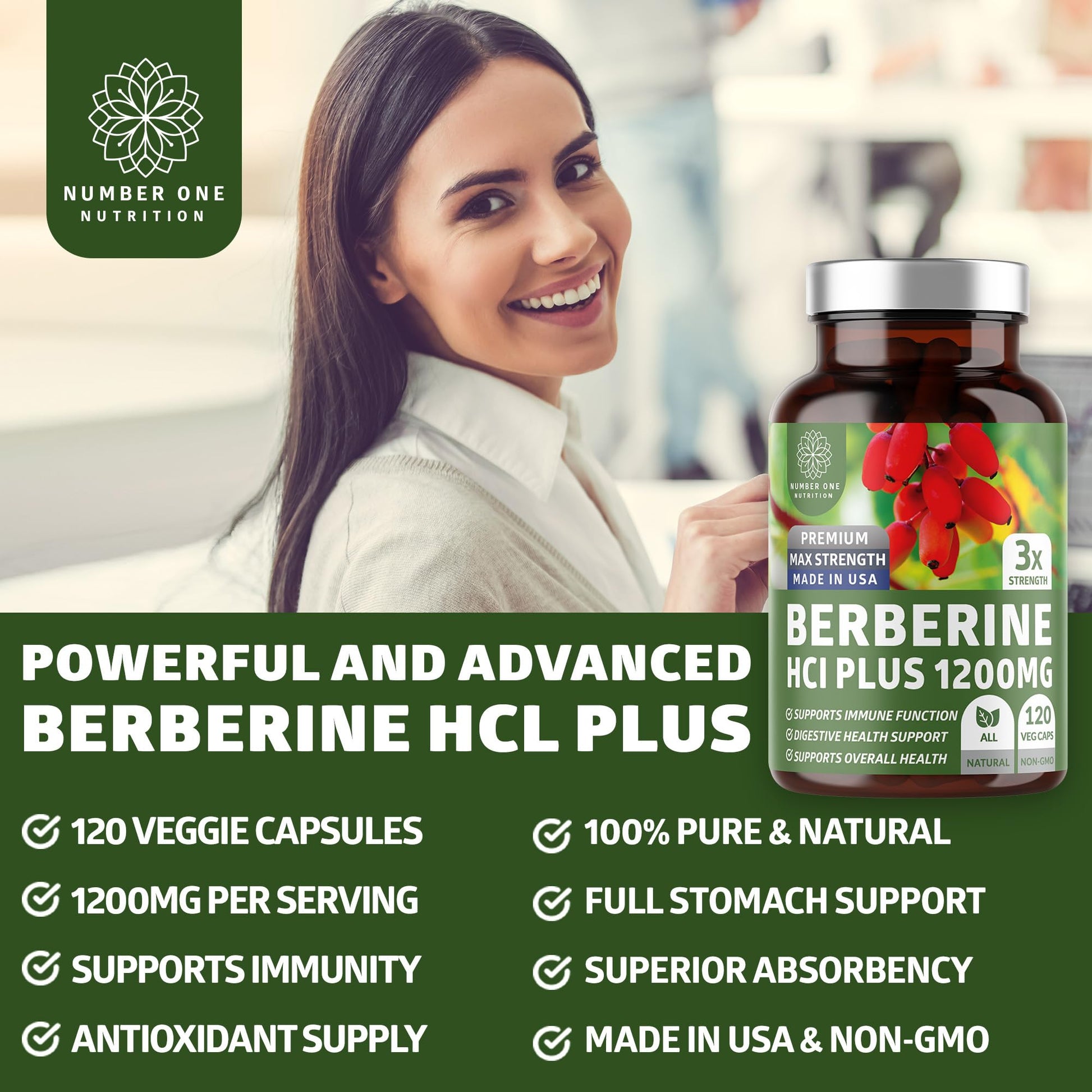 Number One Nutrition N1N Premium Berberine Plus 120 Caps, 1200mg, Natural Supplement Supports Anti-Aging, Cellular Health, Energy and Digestion - Medaid International