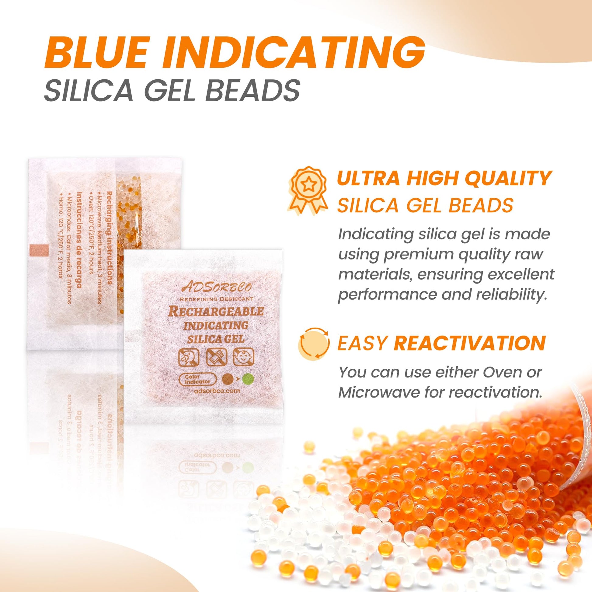 ADSorbco 5 Gram (50 Pack) Silica Gel Packets - Desiccant Packs for Storage, Moisture Absorbers for Food, Rechargeable, Orange-to-Green & White Blend for Food Storage, Electronics, Jewelry, Safes - Medaid International