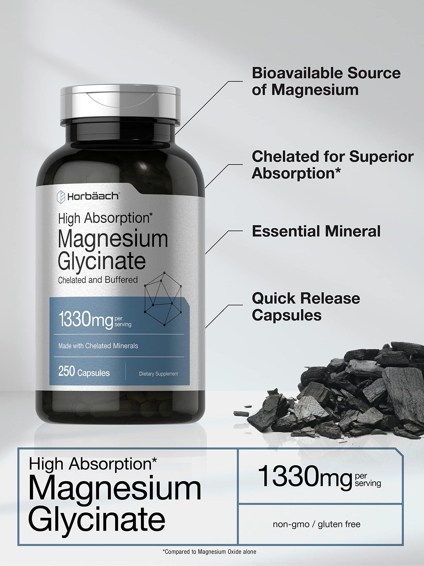 Horbäach Buffered Magnesium Glycinate | 1330mg | 250 Capsules | with Chelated Minerals | Non-GMO, Gluten Free - Medaid International