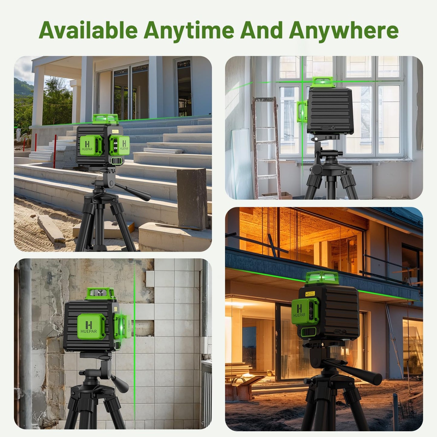 Laser Level 360 Self Leveling with 47" Tripod, Huepar 3x360° High Brightness Green Laser Leveler Tool for Construction, Tile and Picture Hanging, 5200 mAh Li-ion Battery & 2 Portable Bag Included - Medaid International