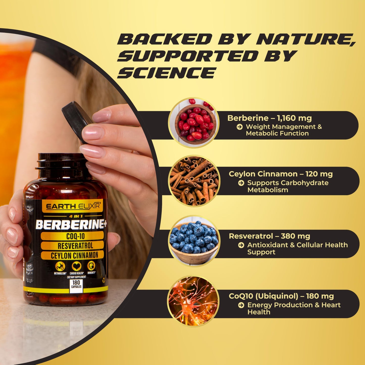 Earth Elixir 4-in-1 Berberine Supplement – Organic Berberine with Ceylon Cinnamon, CoQ10 Ubiquinol, and Resveratrol Powder – Metabolic & Cellular Energy Support, 180 Vegan Capsules - Medaid International