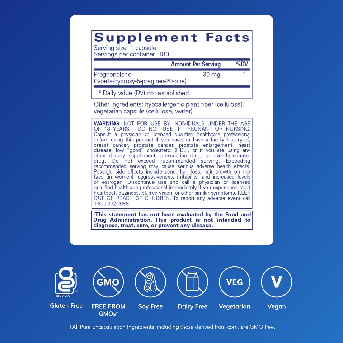 Pure Encapsulations Pregnenolone - 30 mg - Hormone Support - Memory Support & Brain Supplement - Gluten Free & Vegan - 180 Capsules - Medaid International