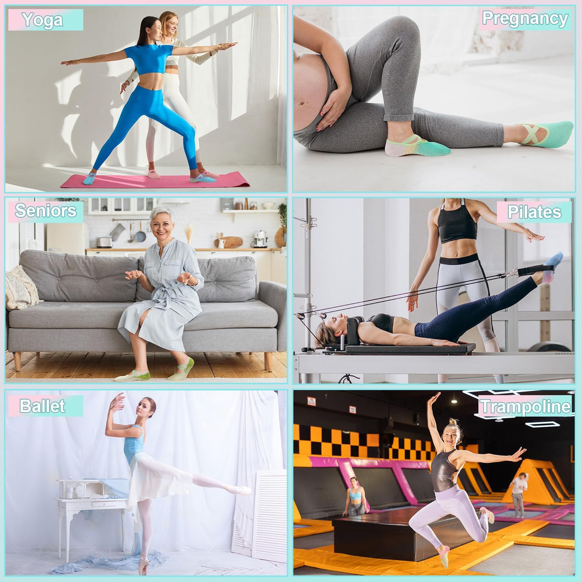 Non-Slip Yoga Socks for Women, Grip Socks with Straps, Pilates Barre Dance Workout Sock, Colorful Ballet Fitness Footwear, 6-Pack