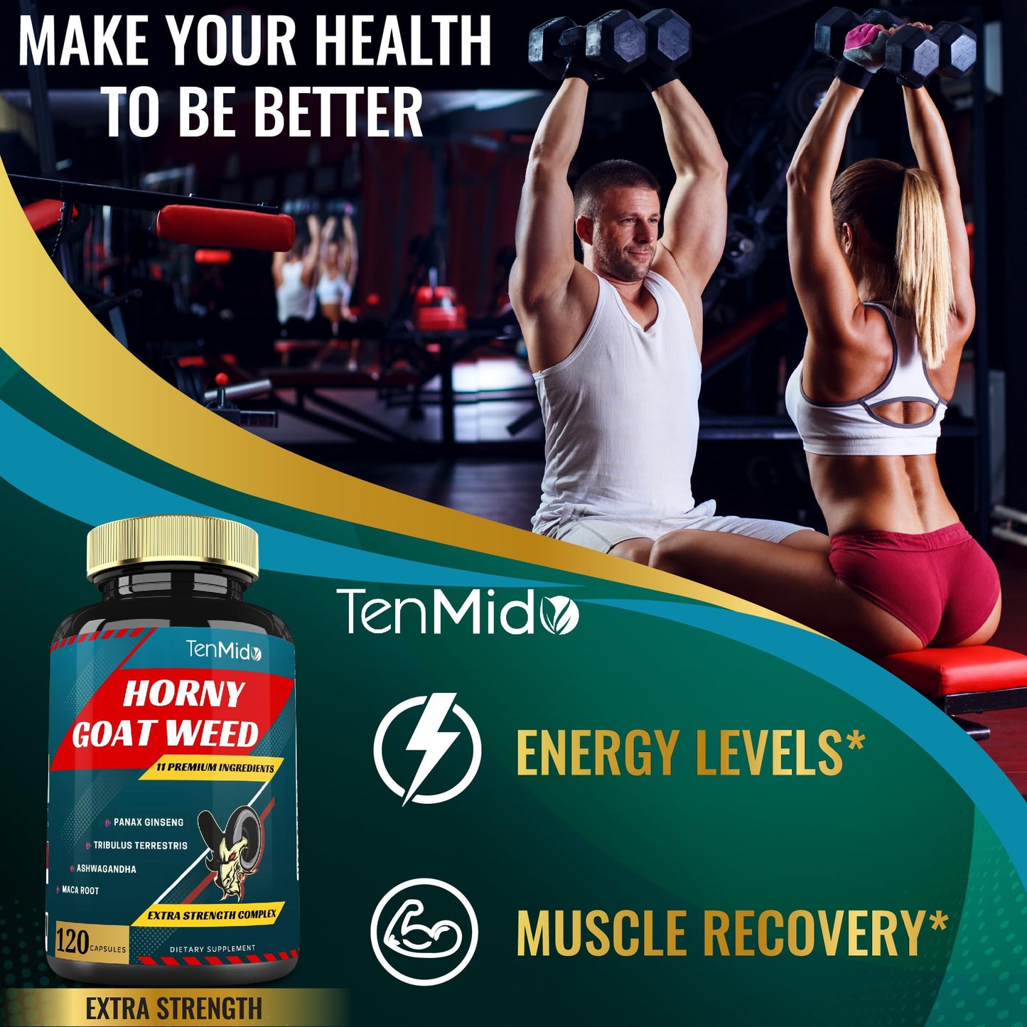Tenmido Horny Goat Weed Extract Capsules 10000mg & Ginseng, Tribulus, Ashwagandha, Maca, Tongkat and More, 120caps - Medaid International