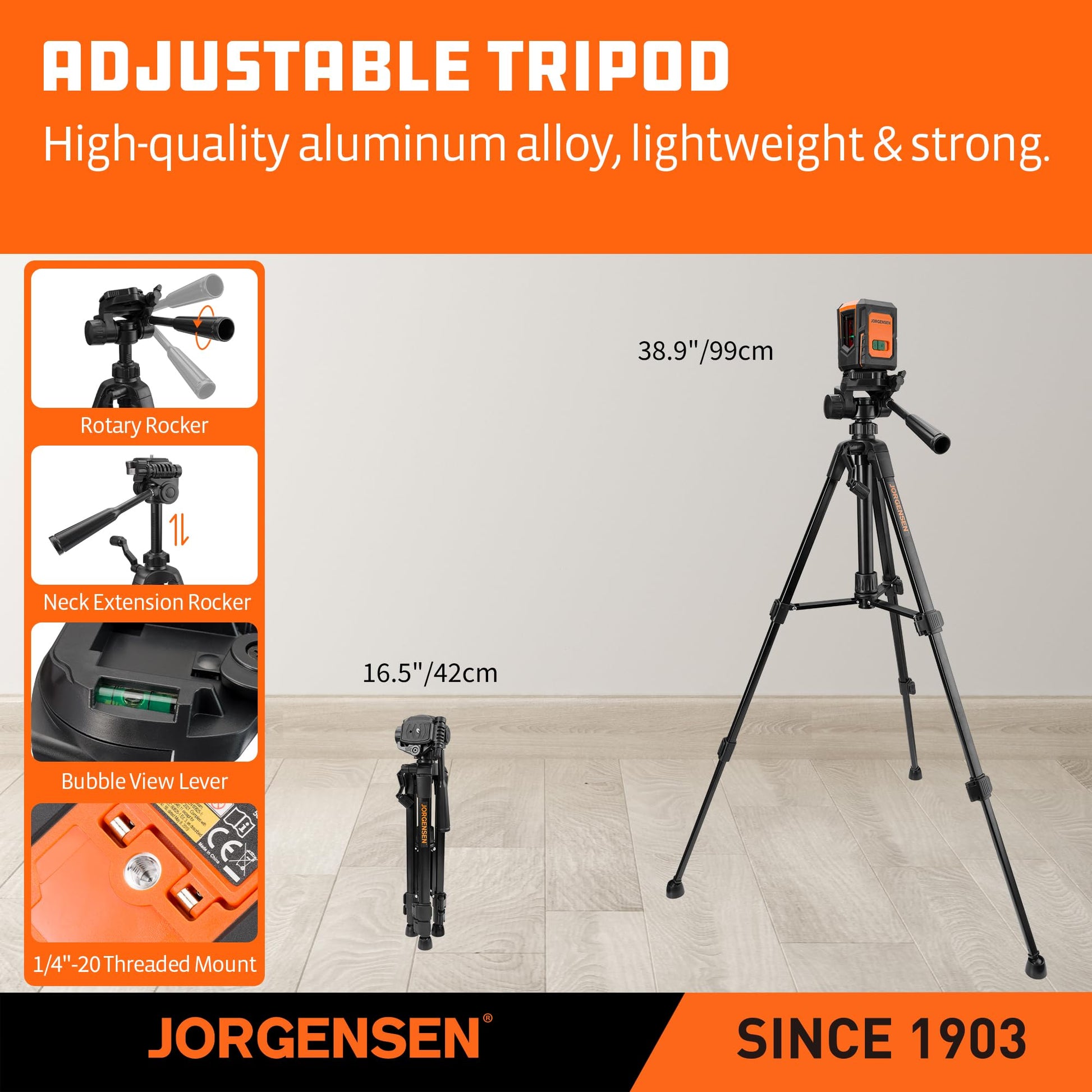 JORGENSEN Laser Level with Tripod, 100 FT Dual Modules Self Leveling Cross Line Laser Leveler Tool with 360° Magnetic Base, Green Laser Level for Picture Hanging, Tile, Home Renovation, Indoor Project - Medaid International