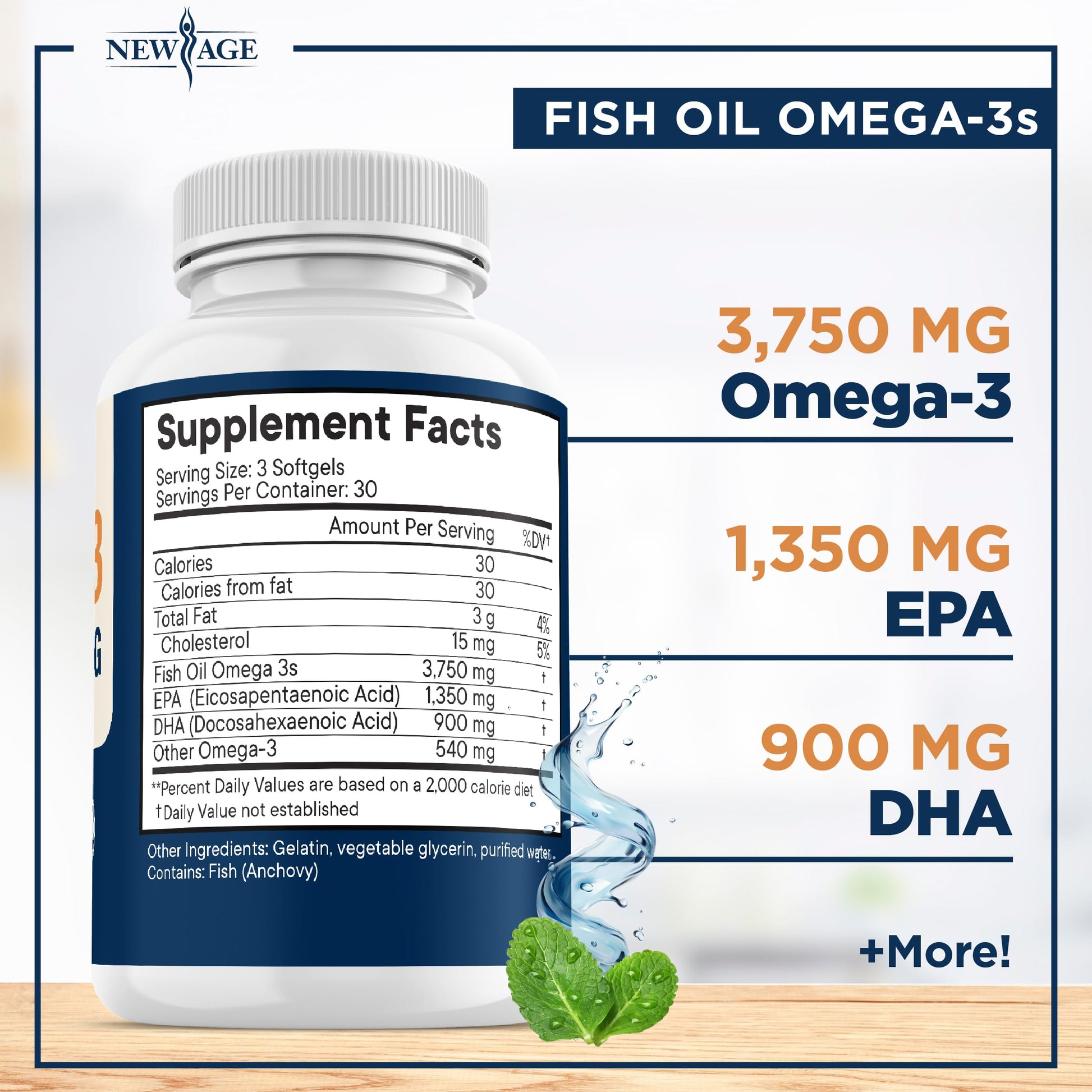 Triple Strength Omega 3 Fish Oil 3750 mg - EPA & DHA - Over 3000mg Omega-3 Fatty Acids - 1350mg EPA + 900mg DHA - Best Essential Fatty Acids, Burpless Fish Oil - 180 Count - Medaid International
