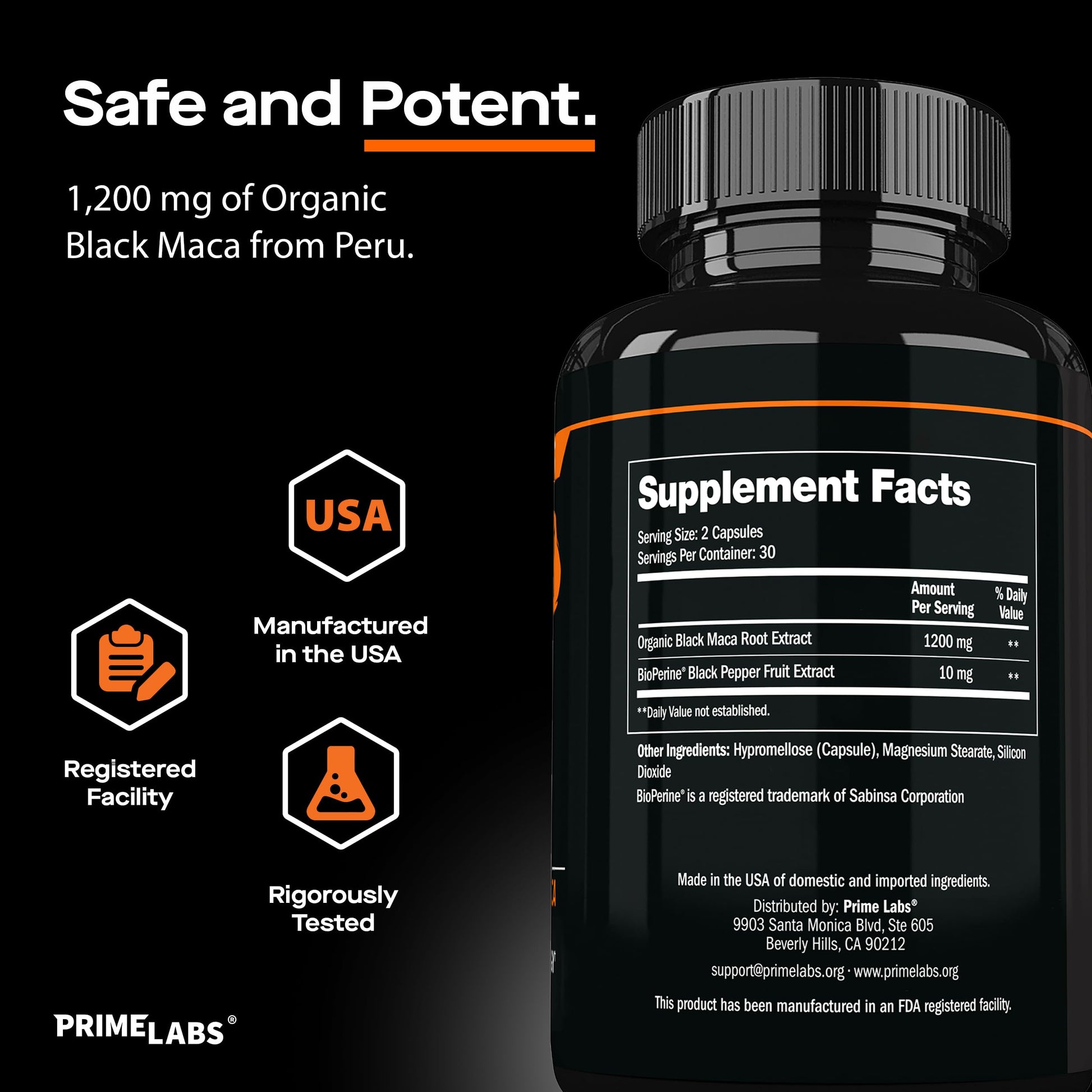Prime Labs Organic Black Maca Root Capsules 1,200mg - Stamina, Drive, Energy, Vitality - Peruvian 20:1 Extract - for Men & Women - 60 Count - Medaid International