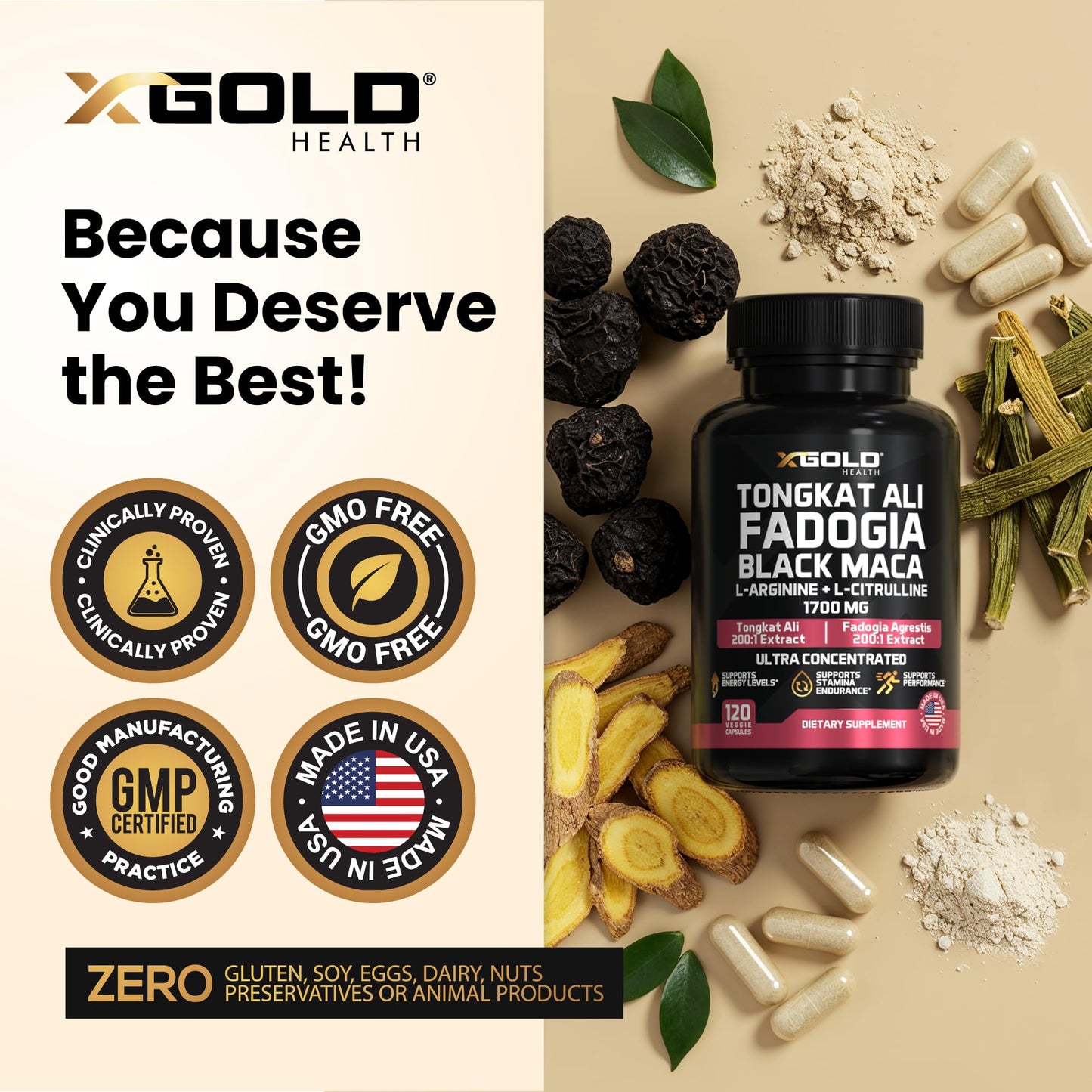 X Gold Health Tongkat Ali + Fadogia Agrestis + Black Maca – Energy, Vitality & Stamina Booster for Men & Women Made in USA - Medaid International