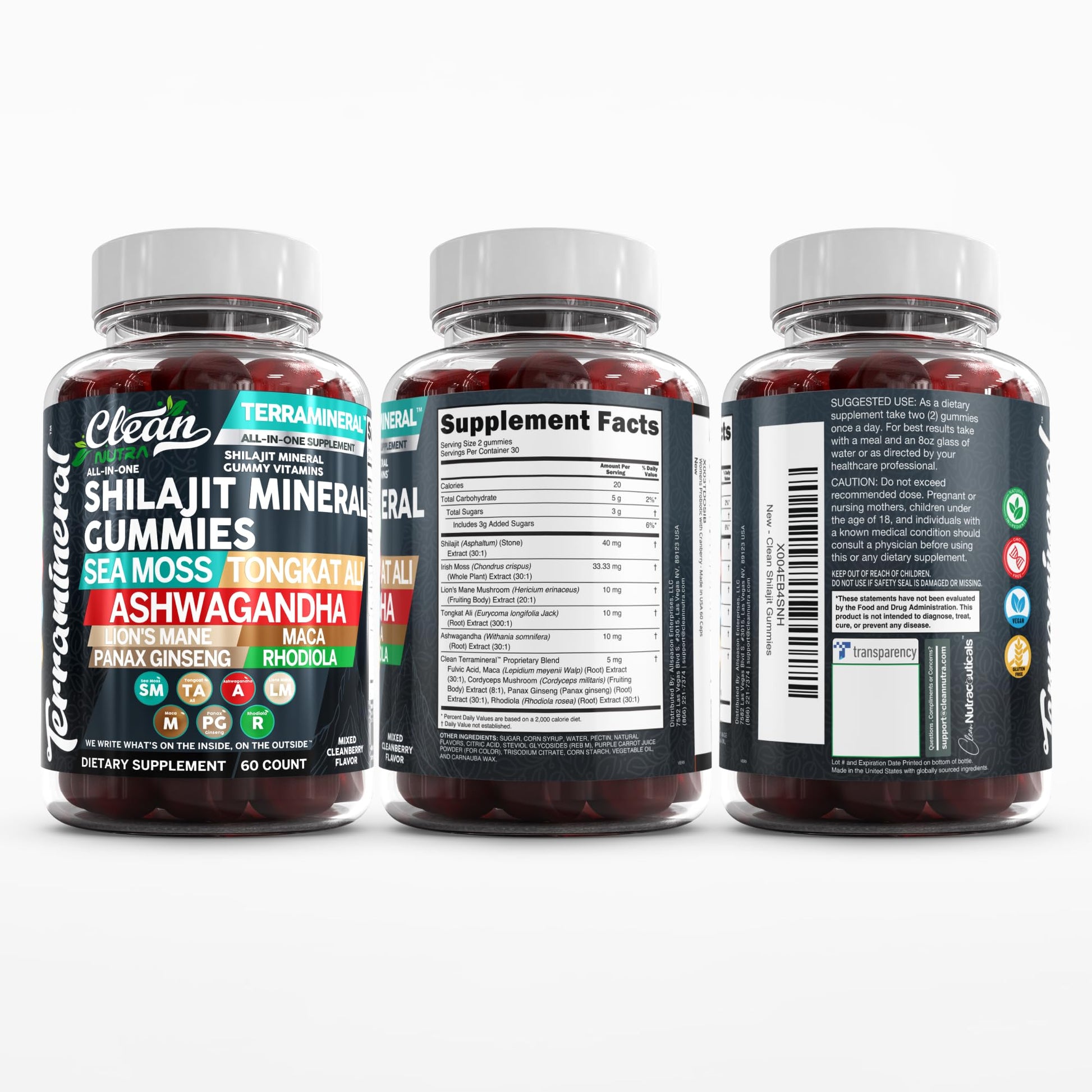 Terramineral Shilajit Gummies with Irish Sea Moss Tongkat Ali Ashwagandha Lion's Mane MACA Panax Ginseng Rhodiola & Cordyceps by Clean Nutra (1) - Medaid International