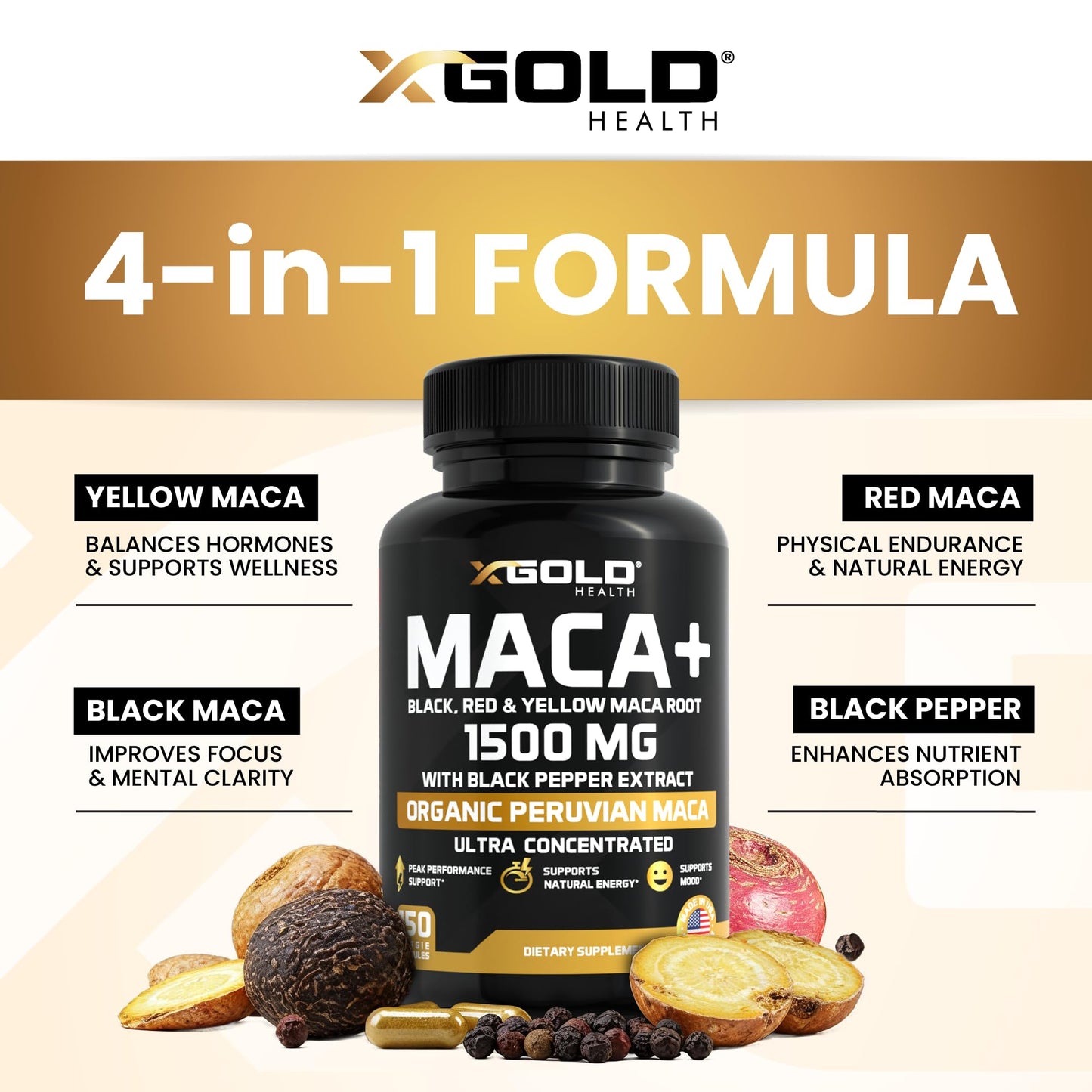 X Gold Health Organic Maca Root Powder Capsules 1500mg with Black | Red & Yellow Peruvian Maca Root Extract Gelatinized, Energy & Mood Supplement for Men & Women + Black Pepper for Best Benefits - Medaid International