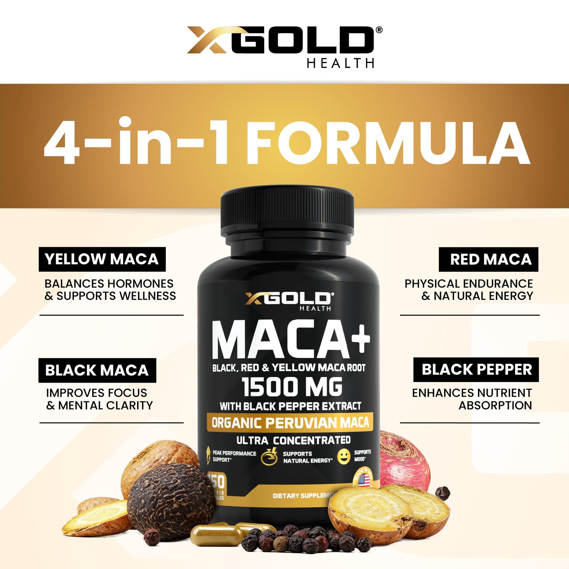 X Gold Health Organic Maca Root Powder Capsules 1500mg with Black | Red & Yellow Peruvian Maca Root Extract Gelatinized, Energy & Mood Supplement for Men & Women + Black Pepper for Best Benefits - Medaid International