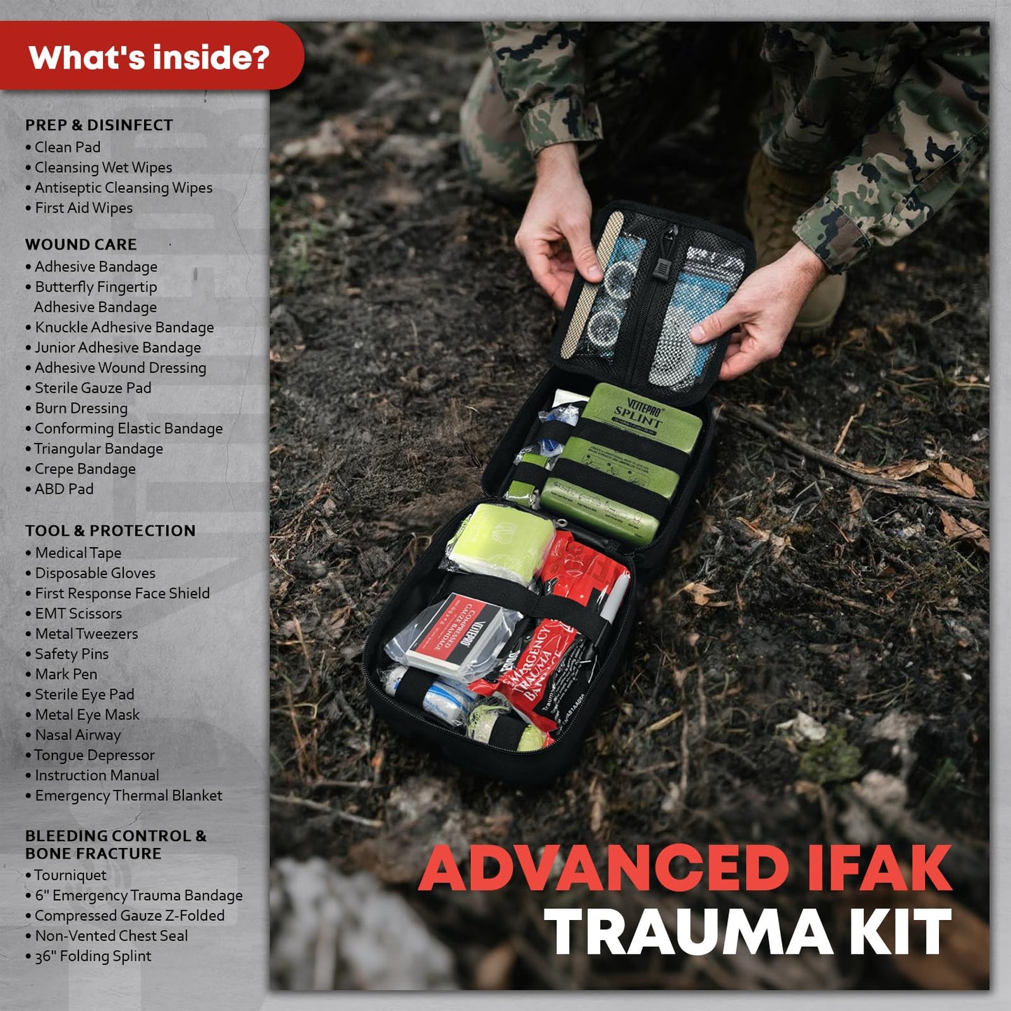 Advanced Trauma First Aid Kit - Emergency Camping Gear with Tourniquet Kit, Compression Bandage, 36" Splint | Portable Survival Gear for Outdoor, Home, Camping- Gift for Husband Dad and Wife-Black