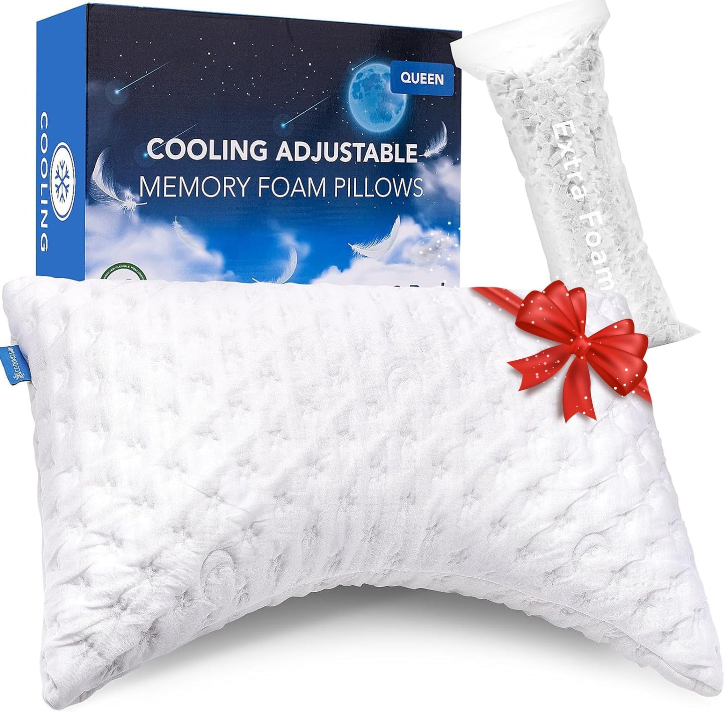 Cooling Side Sleeper Pillow for Neck and Shoulder Pain, Luxury Shredded Memory Foam Curved Bed Pillows for Sleeping Set of 1- Adjustable Queen Size- Washable Cover Crescent White - Medaid International